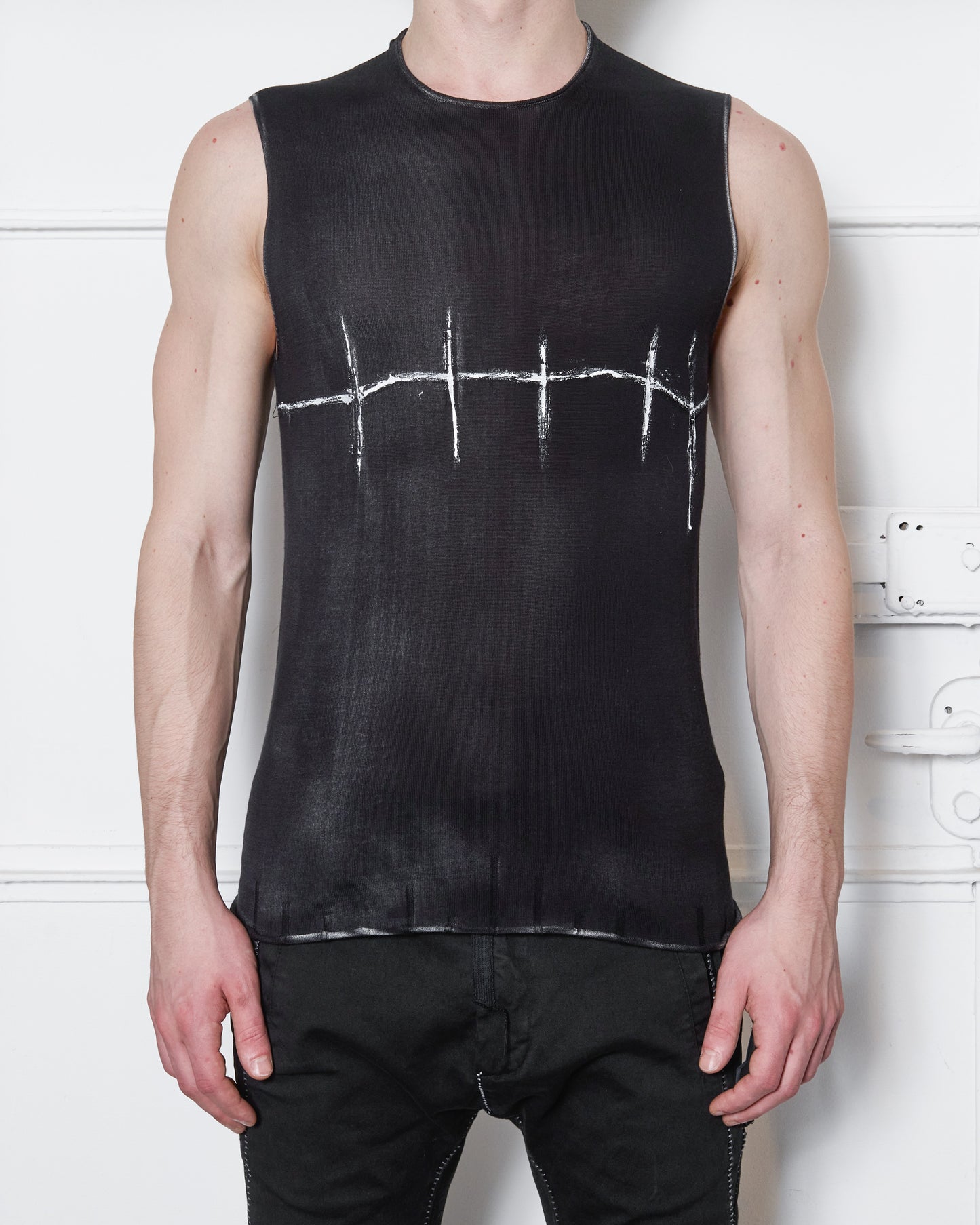 Black with Black Hand Painted CROSS Sleeveless Sweater