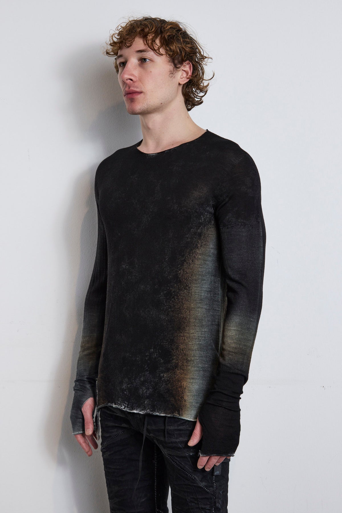 Black Brown Grey Hand Dyed Abstract Print Light Wool Sweater