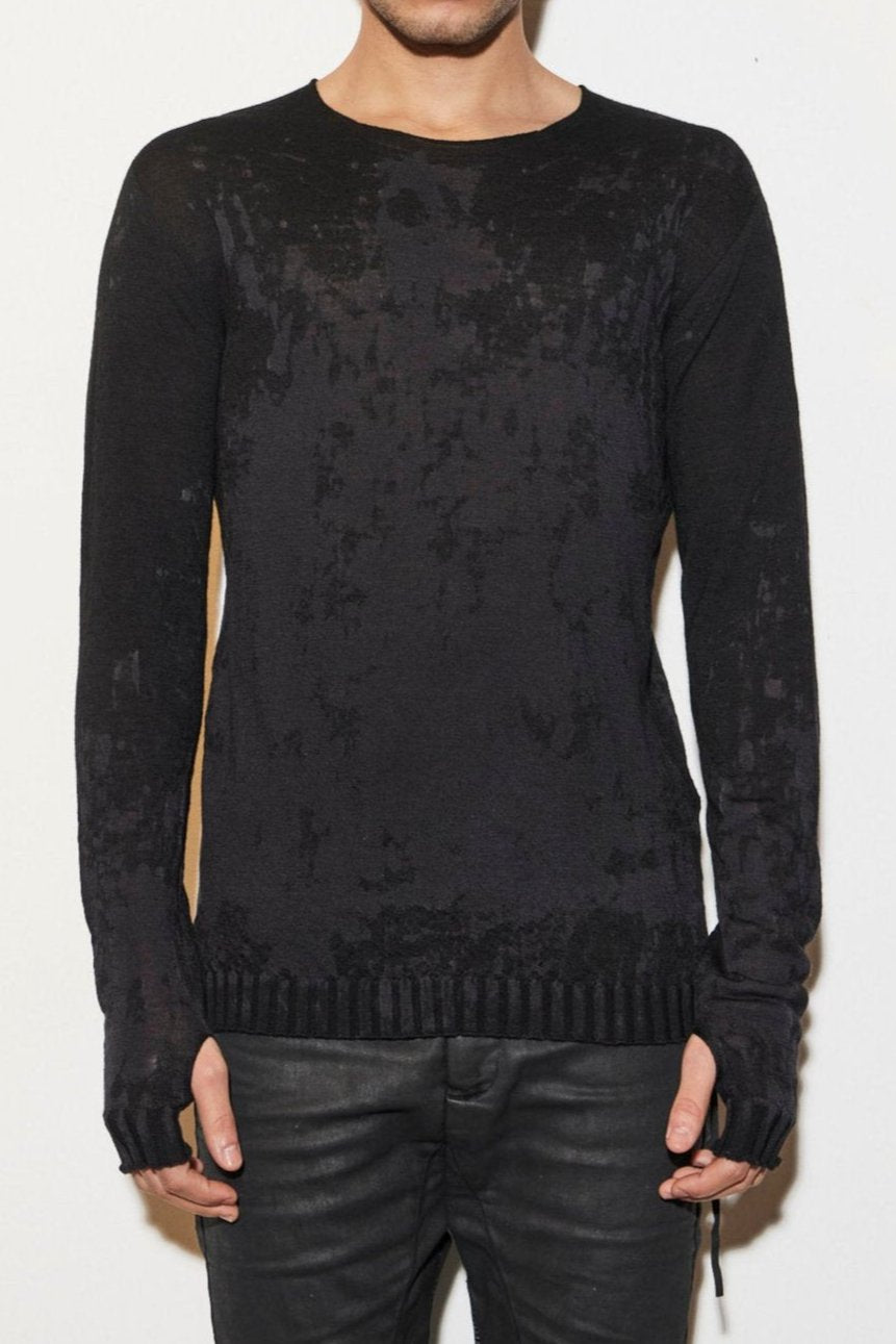 Uneven Black Crewneck Lightweight Wool Sweater