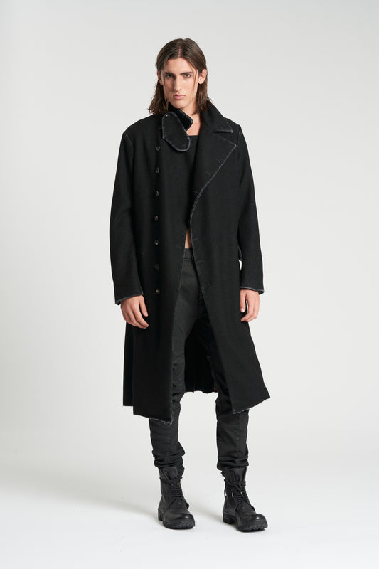 Washed Black Asymmetrical Button Wool Coat