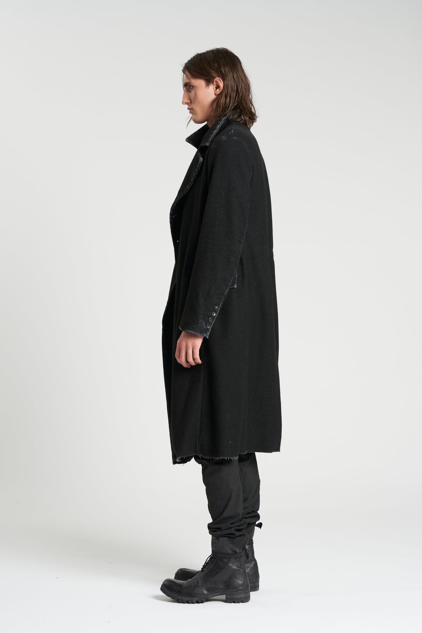 Washed Black Asymmetrical Button Wool Coat