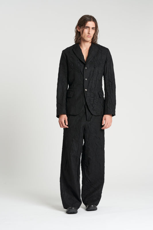 Black 3 Button Crumpled Wool Blazer