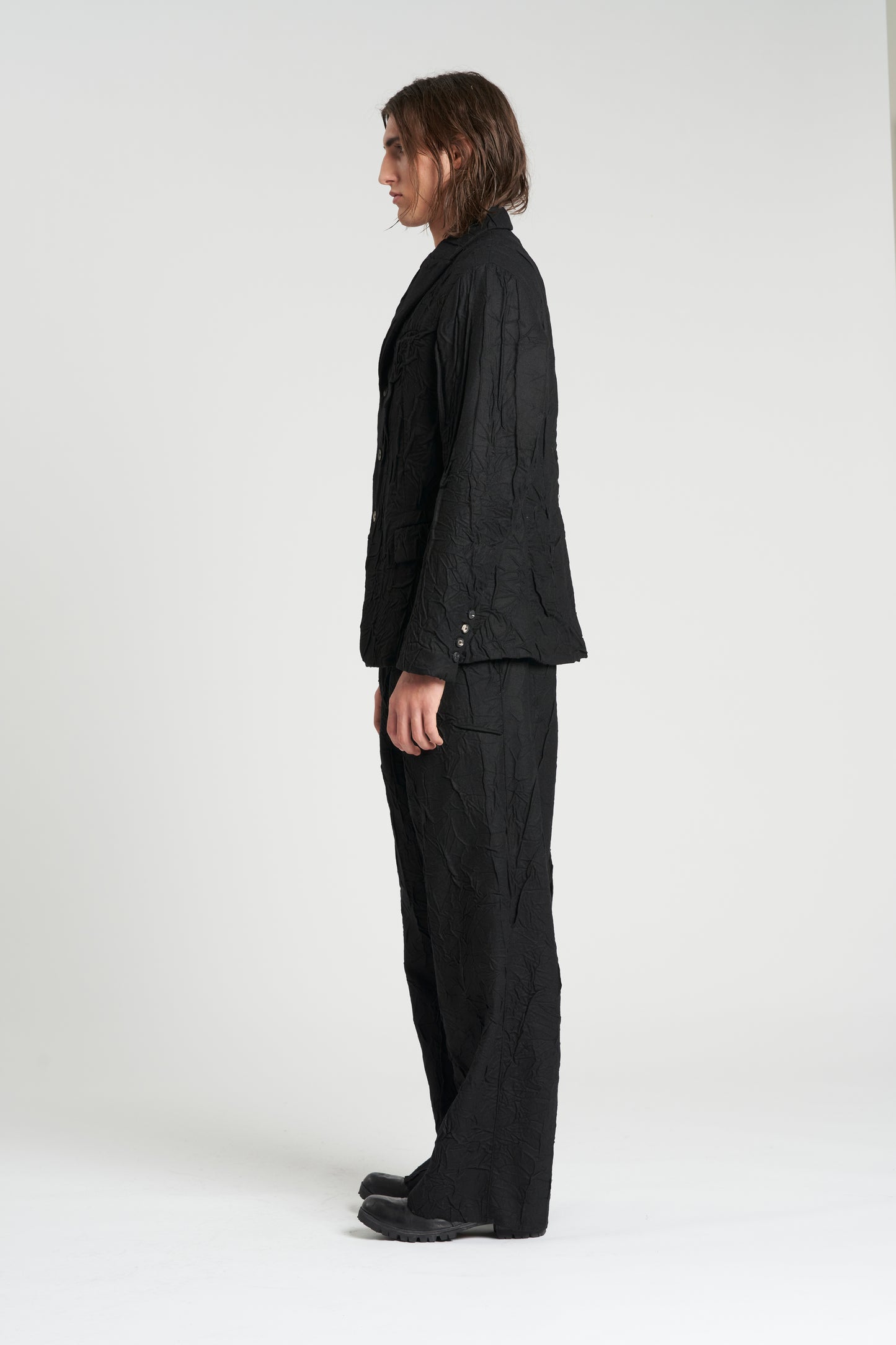 Black 3 Button Crumpled Wool Blazer