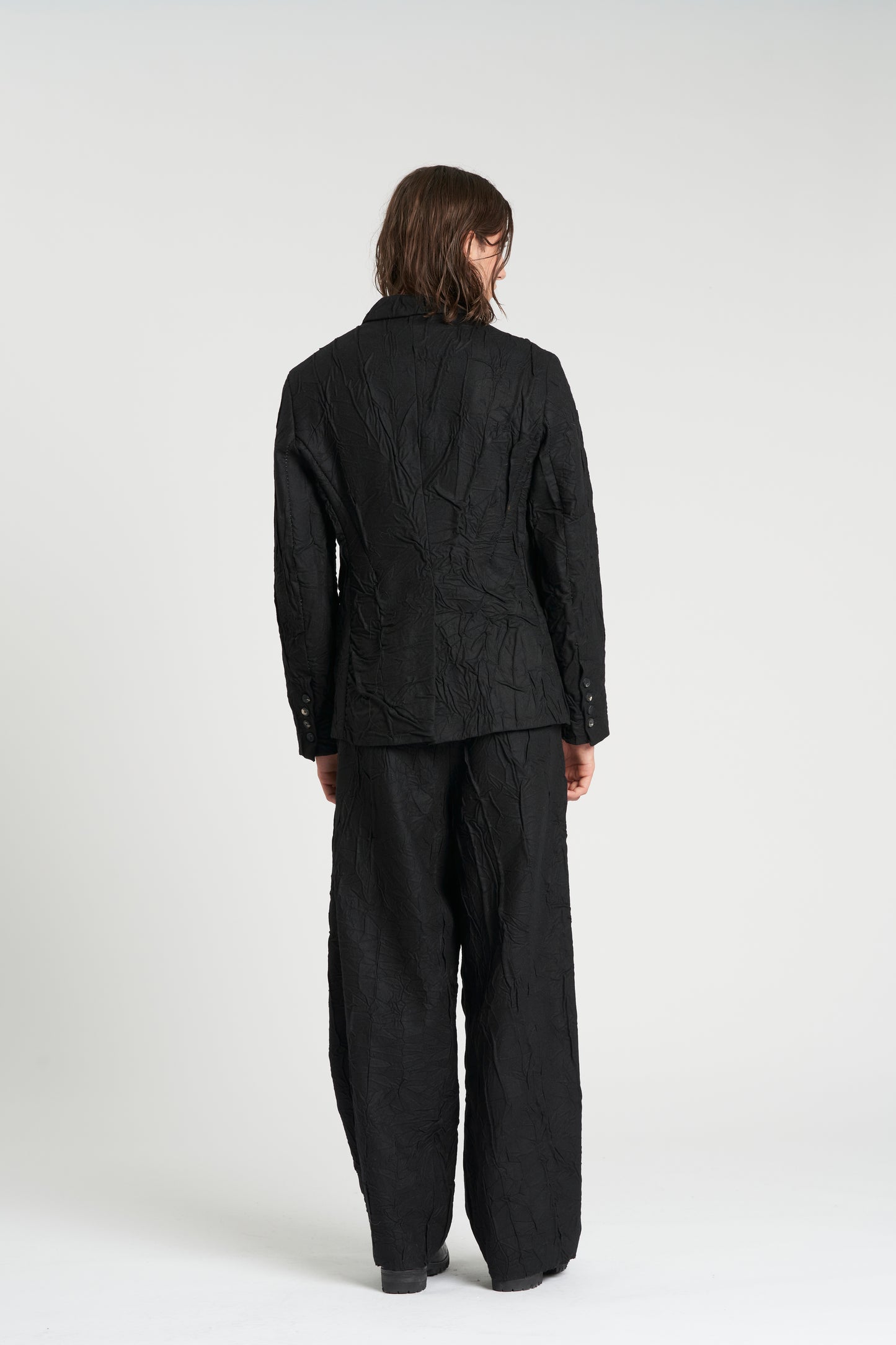 Black 3 Button Crumpled Wool Blazer