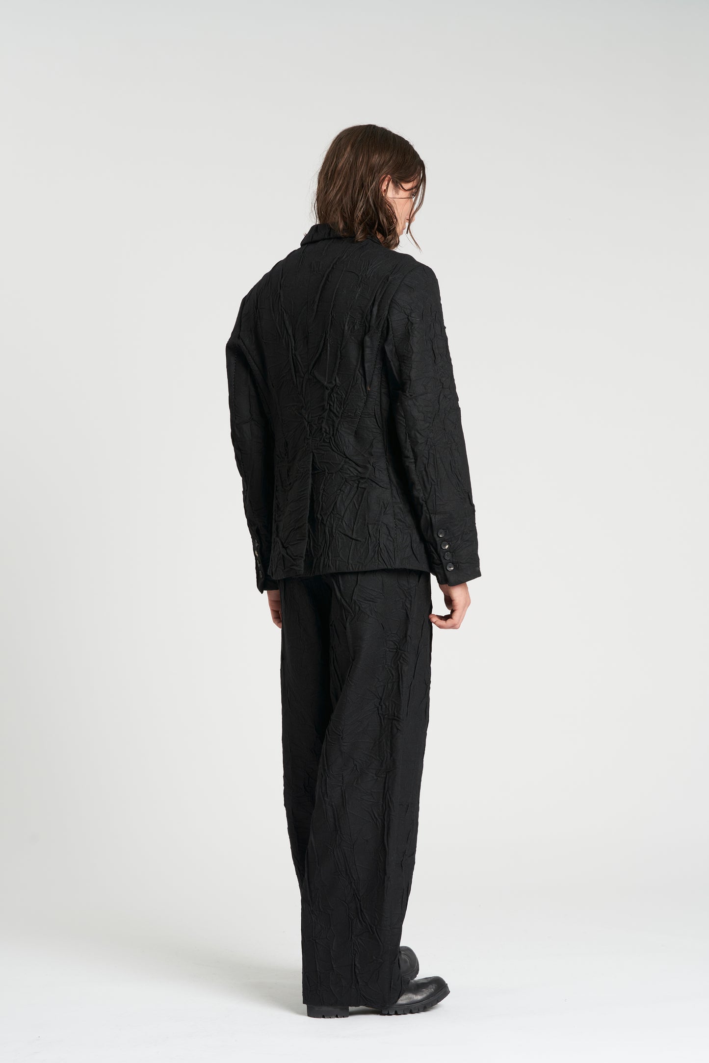 Black 3 Button Crumpled Wool Blazer