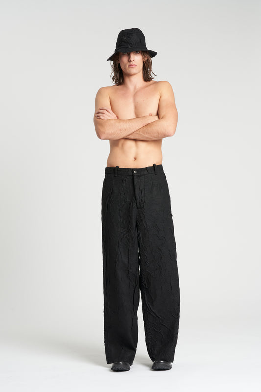 Black Wide Leg Crumpled Wool Pant