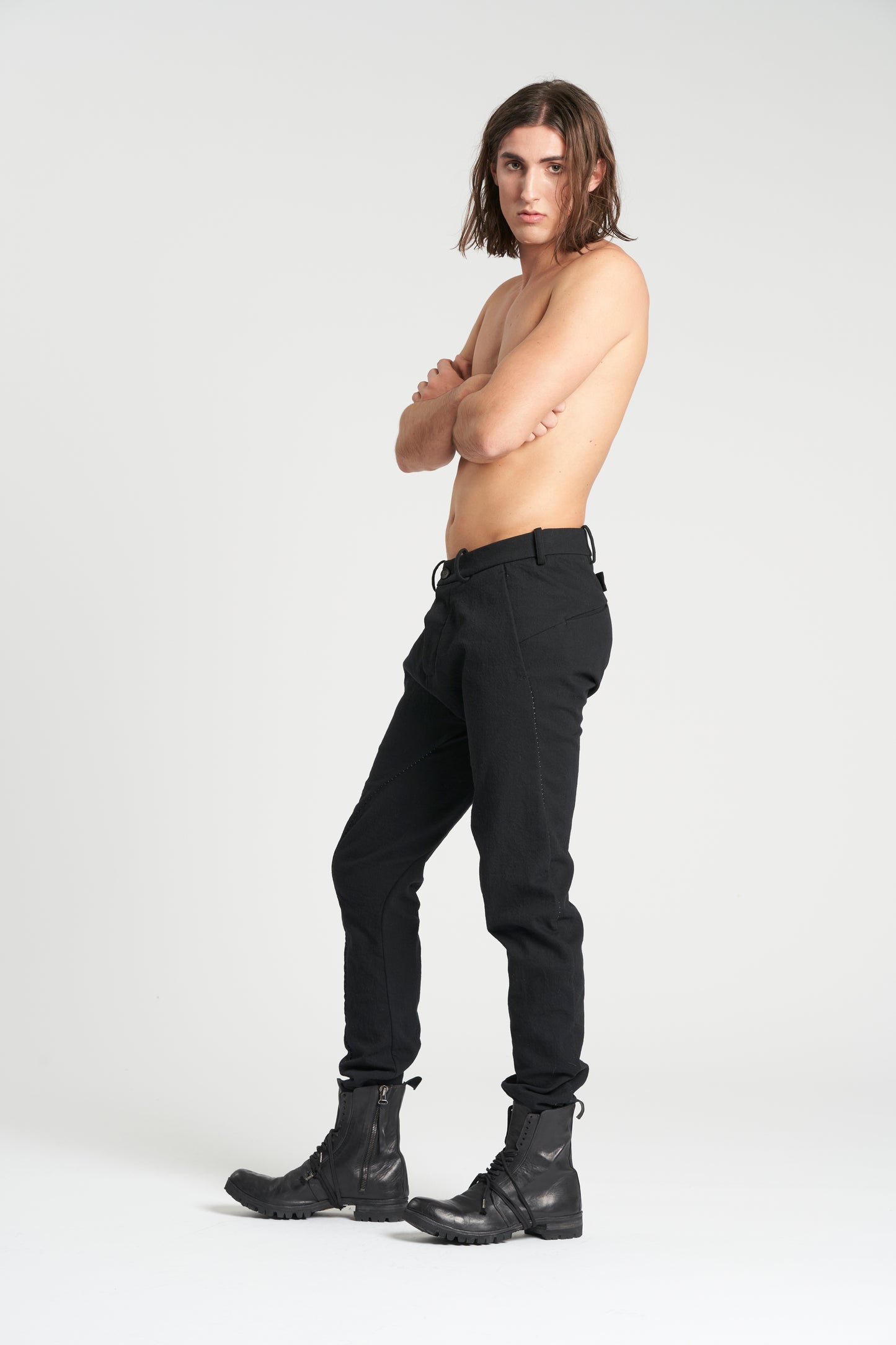 Black Relaxed Buckle Back Cotton Wool Tapered Trousers