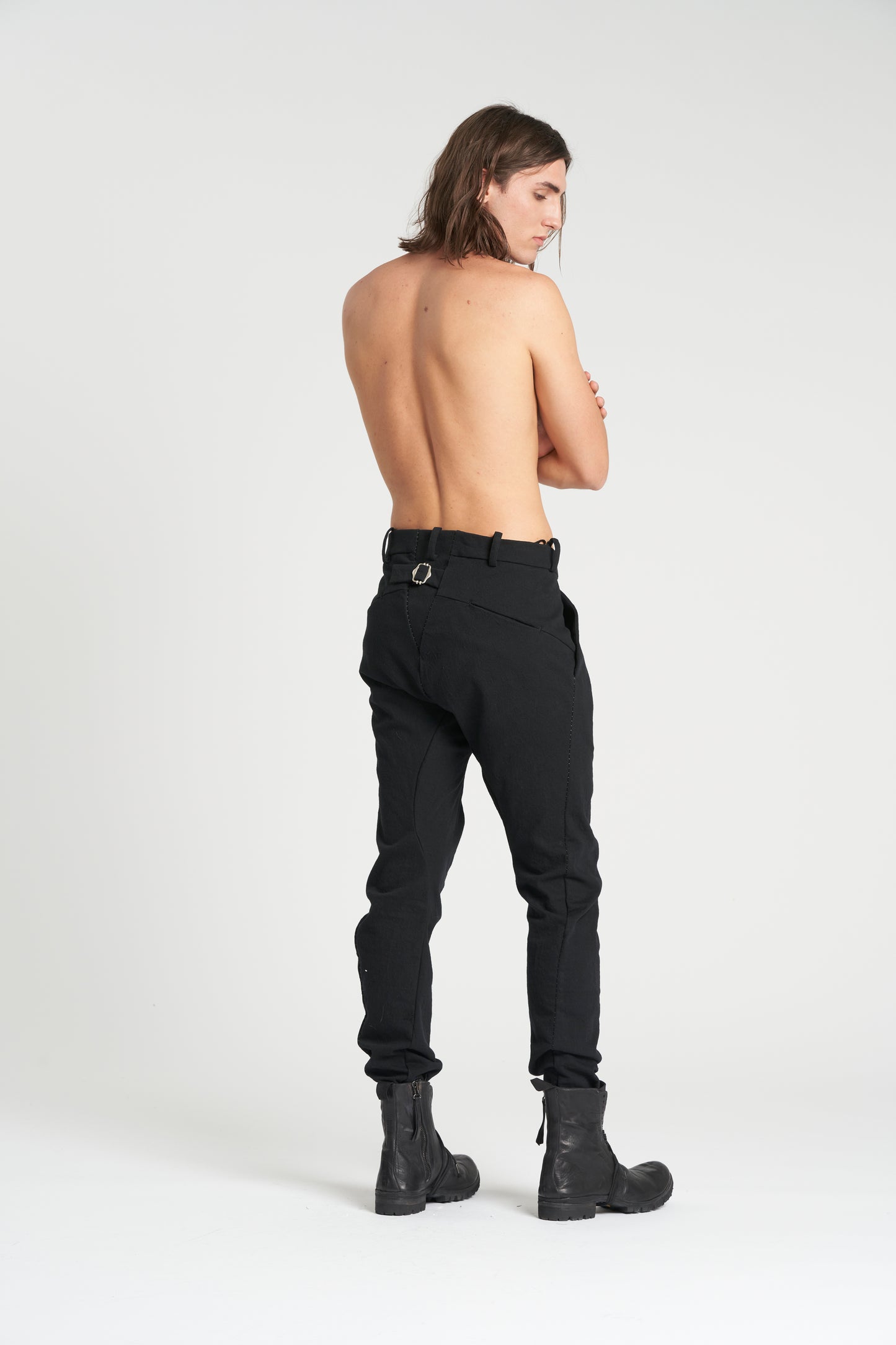 Black Relaxed Buckle Back Cotton Wool Tapered Trousers
