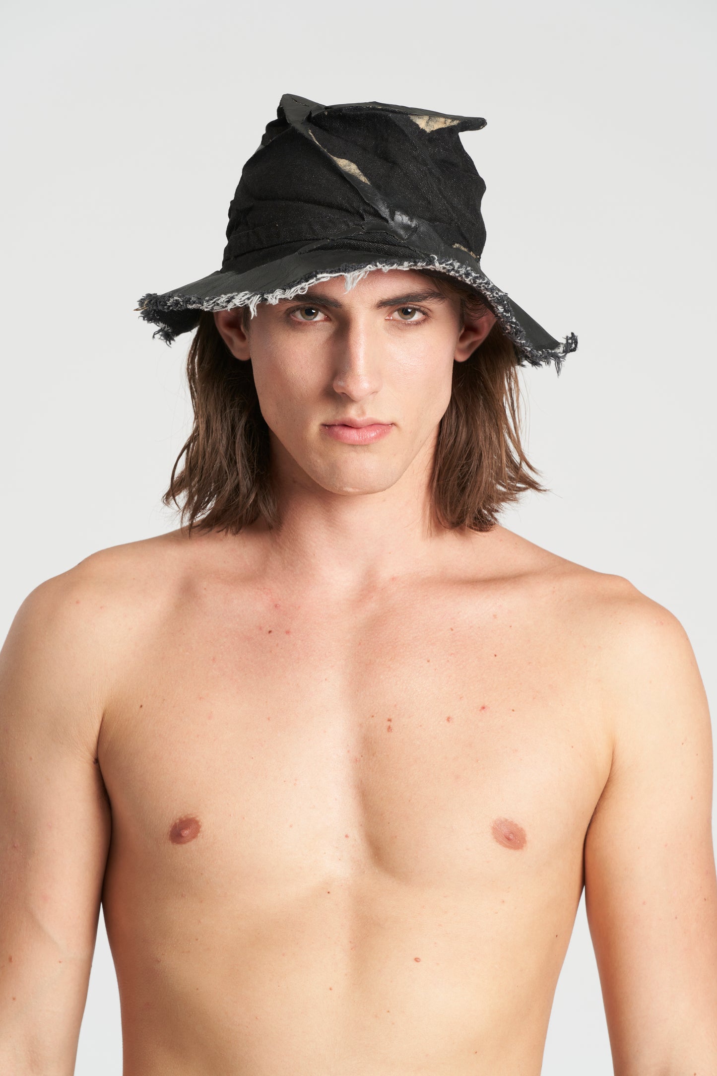 Black Vertically Crushed Cotton Denim + Laminated Paper Hat