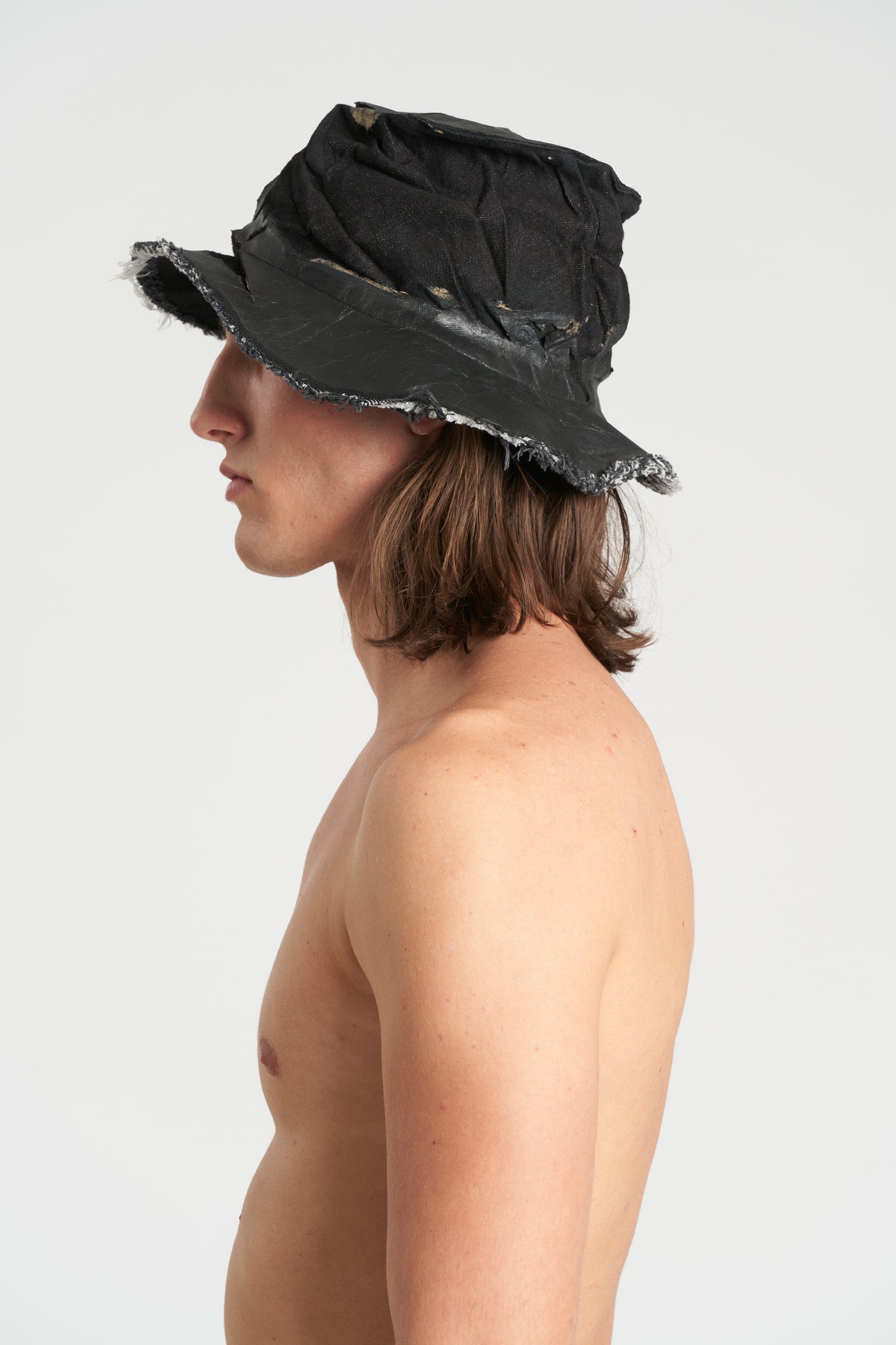 Black Vertically Crushed Cotton Denim + Laminated Paper Hat