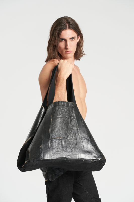 Black Cotton Denim + Paper Laminate Tote Shopping Bag