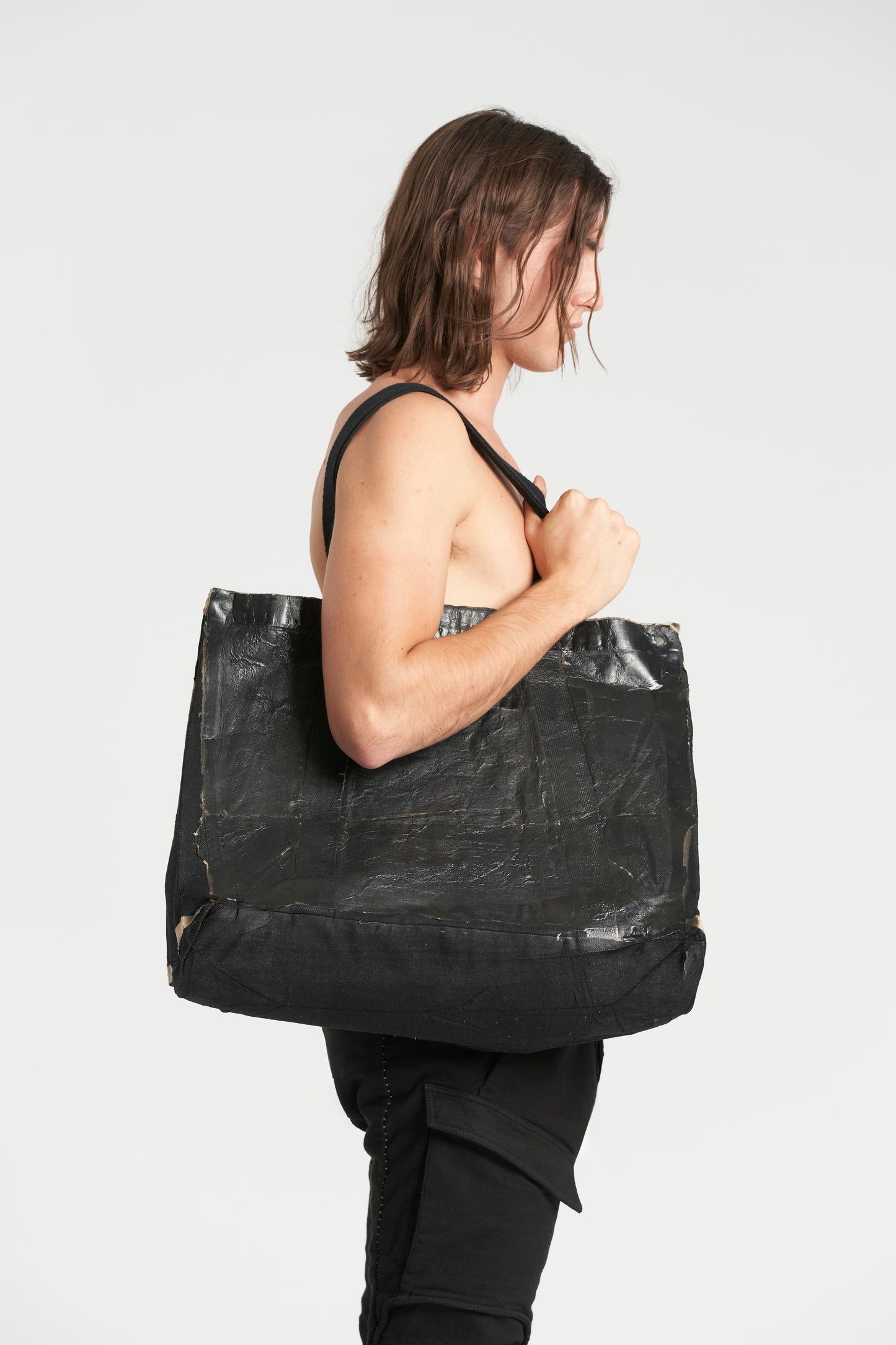 Black Cotton Denim + Paper Laminate Tote Shopping Bag