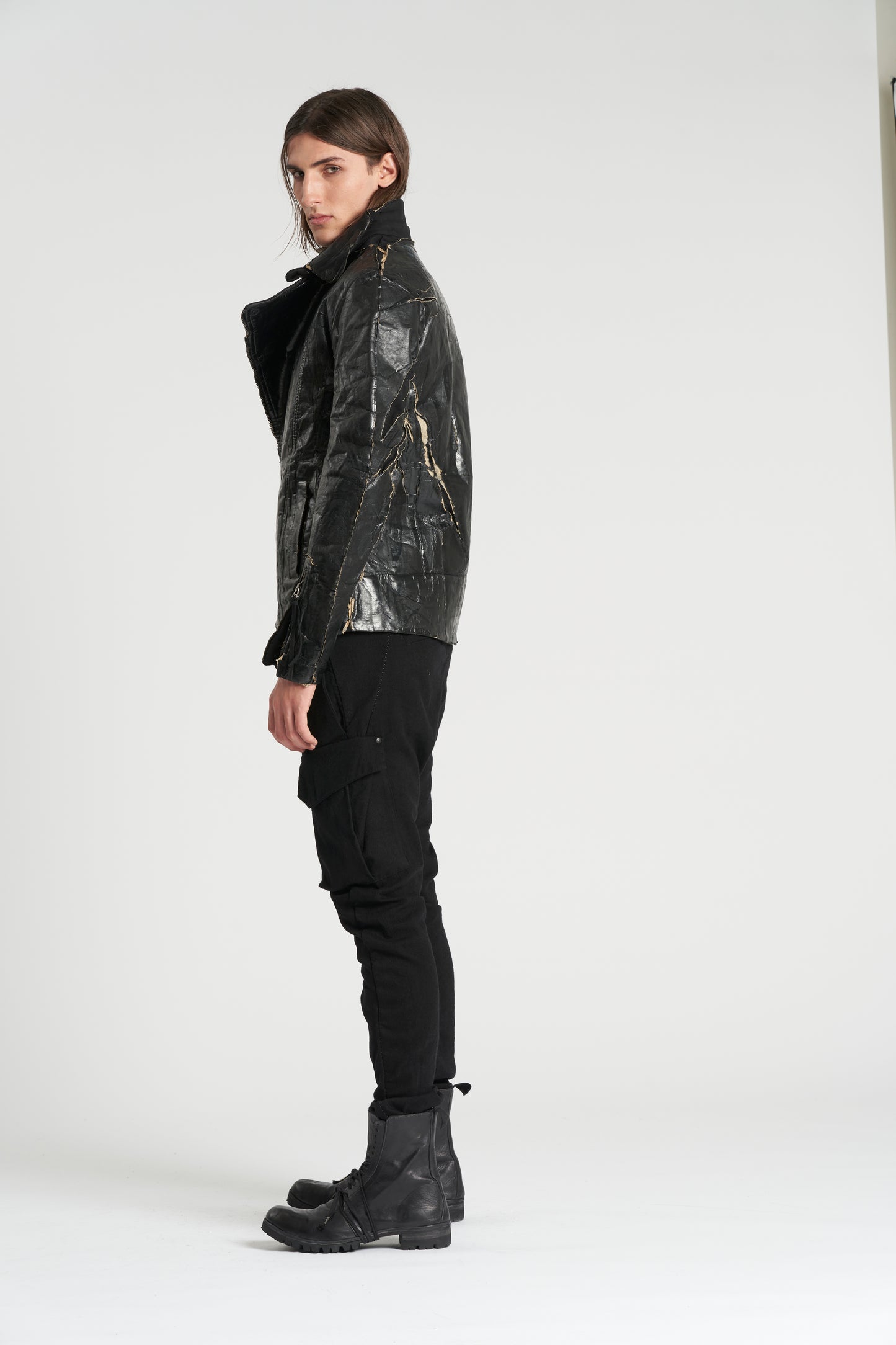 Black Paper Laminate on Thick Cotton Biker Jacket