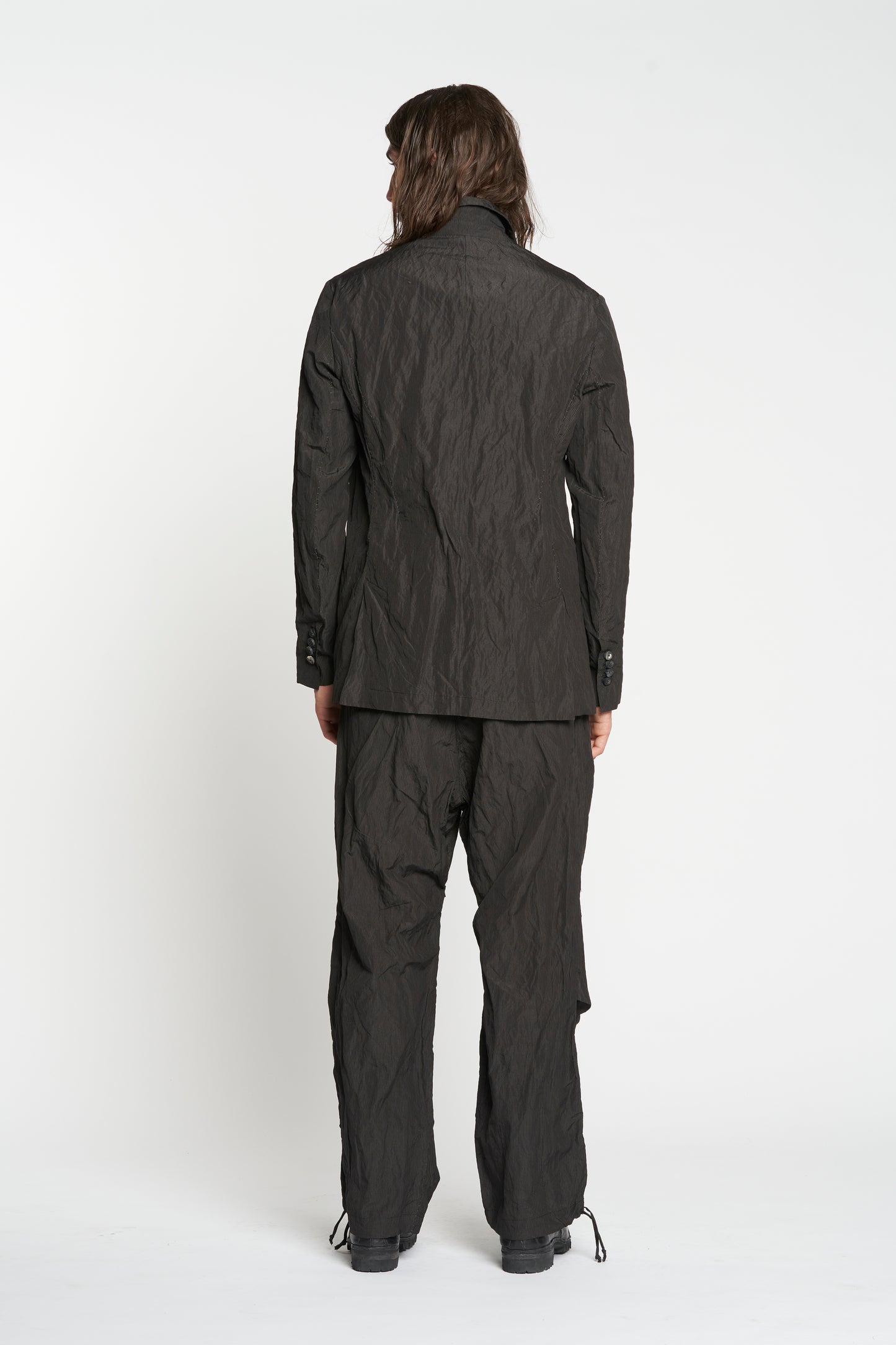 Black Fine Stripe Crumpled Cotton Metal 3 Button Soft Blazer