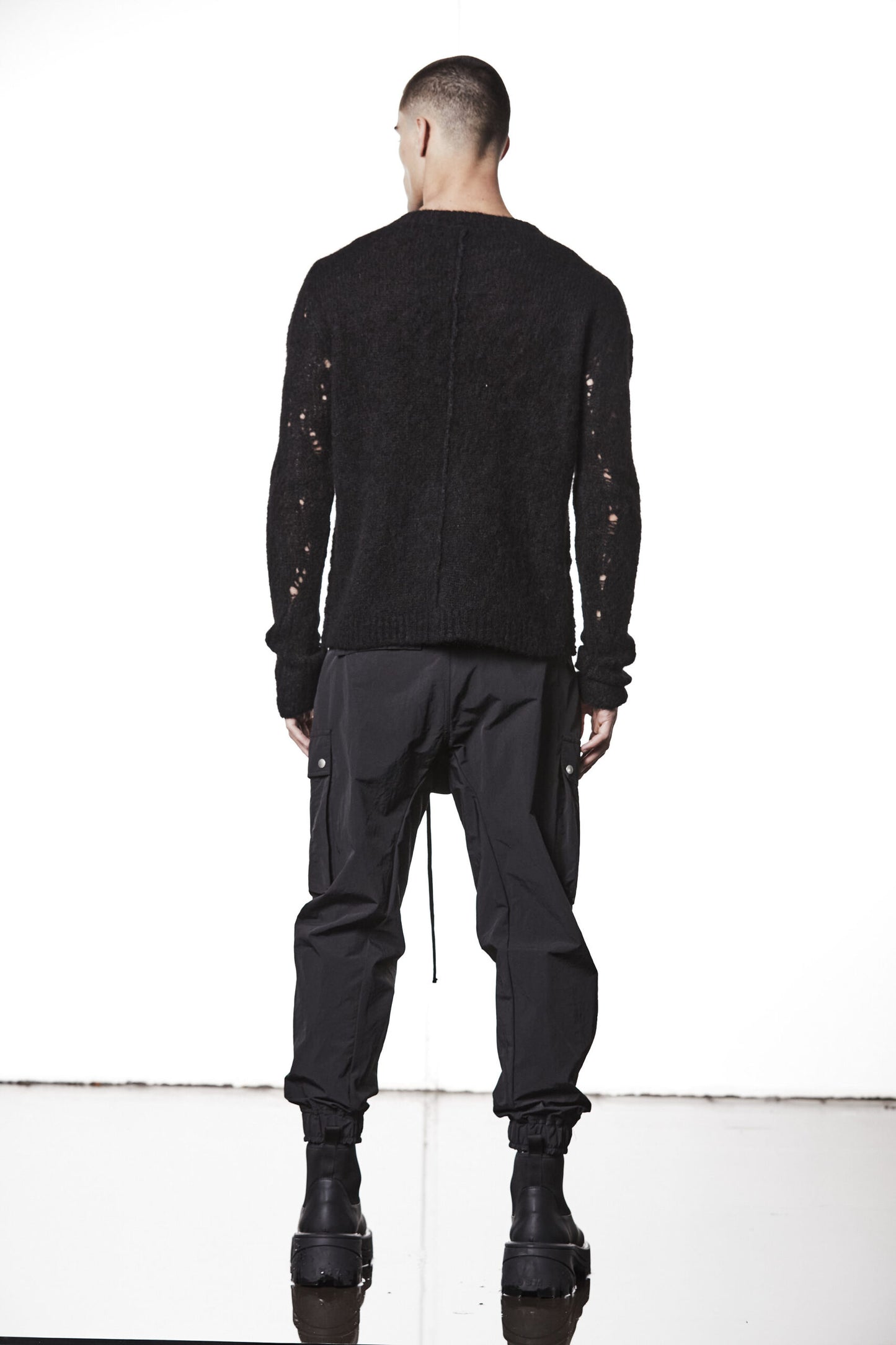 Black Destroyed Sleeves Crew Neck Sweater MK 122