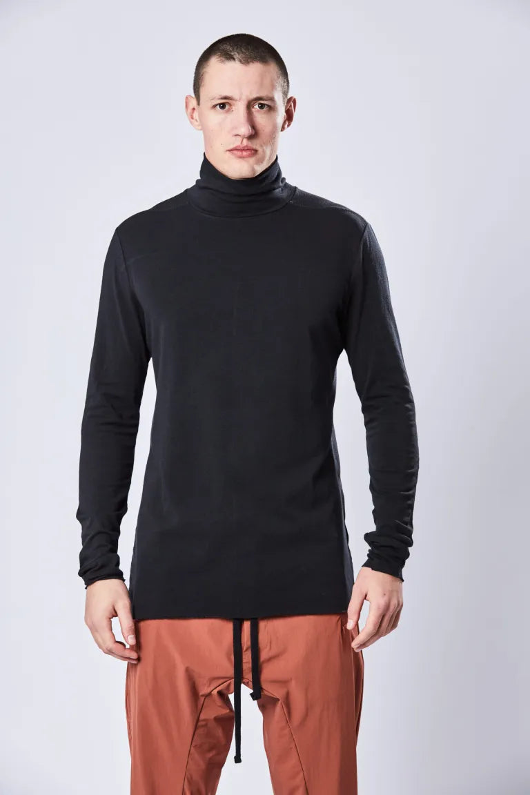 Black Long Sleeve Contrast-stitch  High Neck T-shirt MTS 753