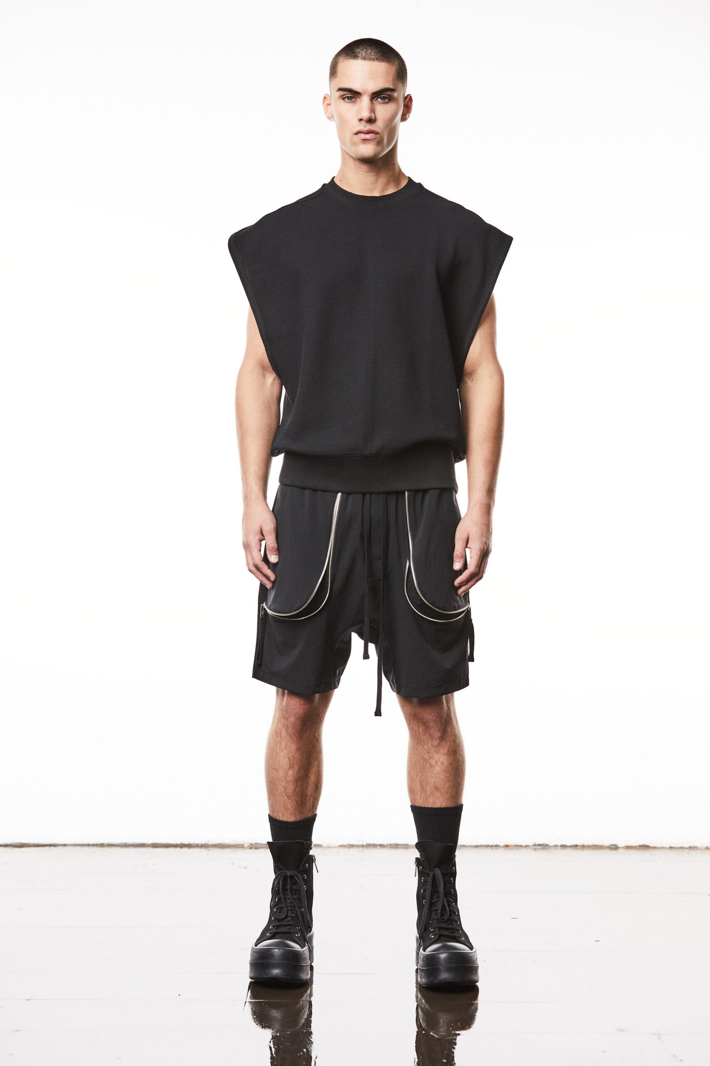 Black Sleeveless Broad Shoulders Structured Jersey T-shirt MTS 864