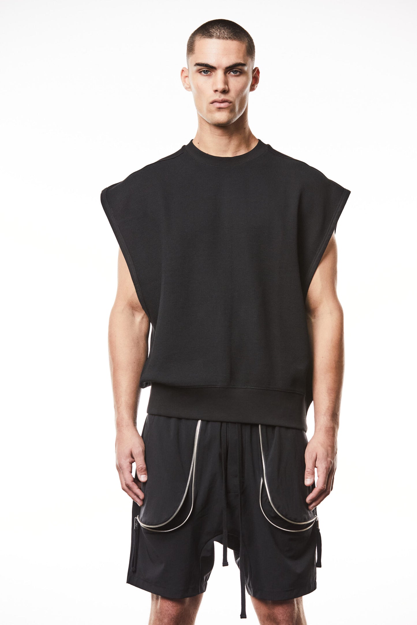 Black Sleeveless Broad Shoulders Structured Jersey T-shirt MTS 864