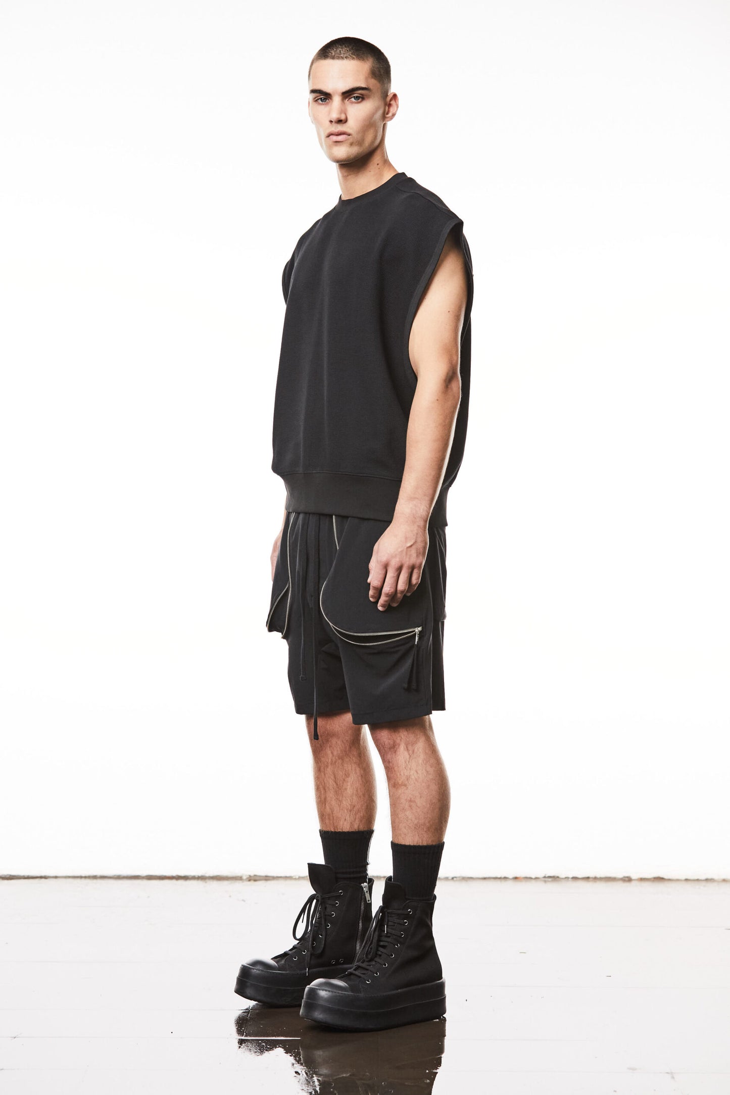 Black Sleeveless Broad Shoulders Structured Jersey T-shirt MTS 864
