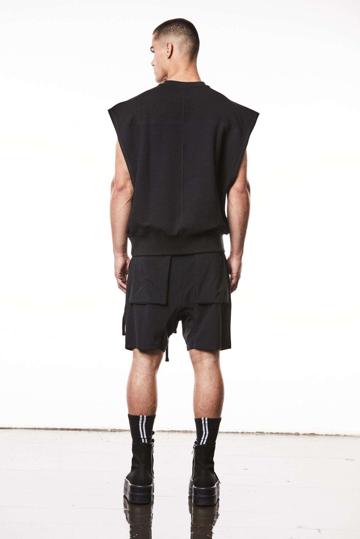 Black Sleeveless Broad Shoulders Structured Jersey T-shirt MTS 864