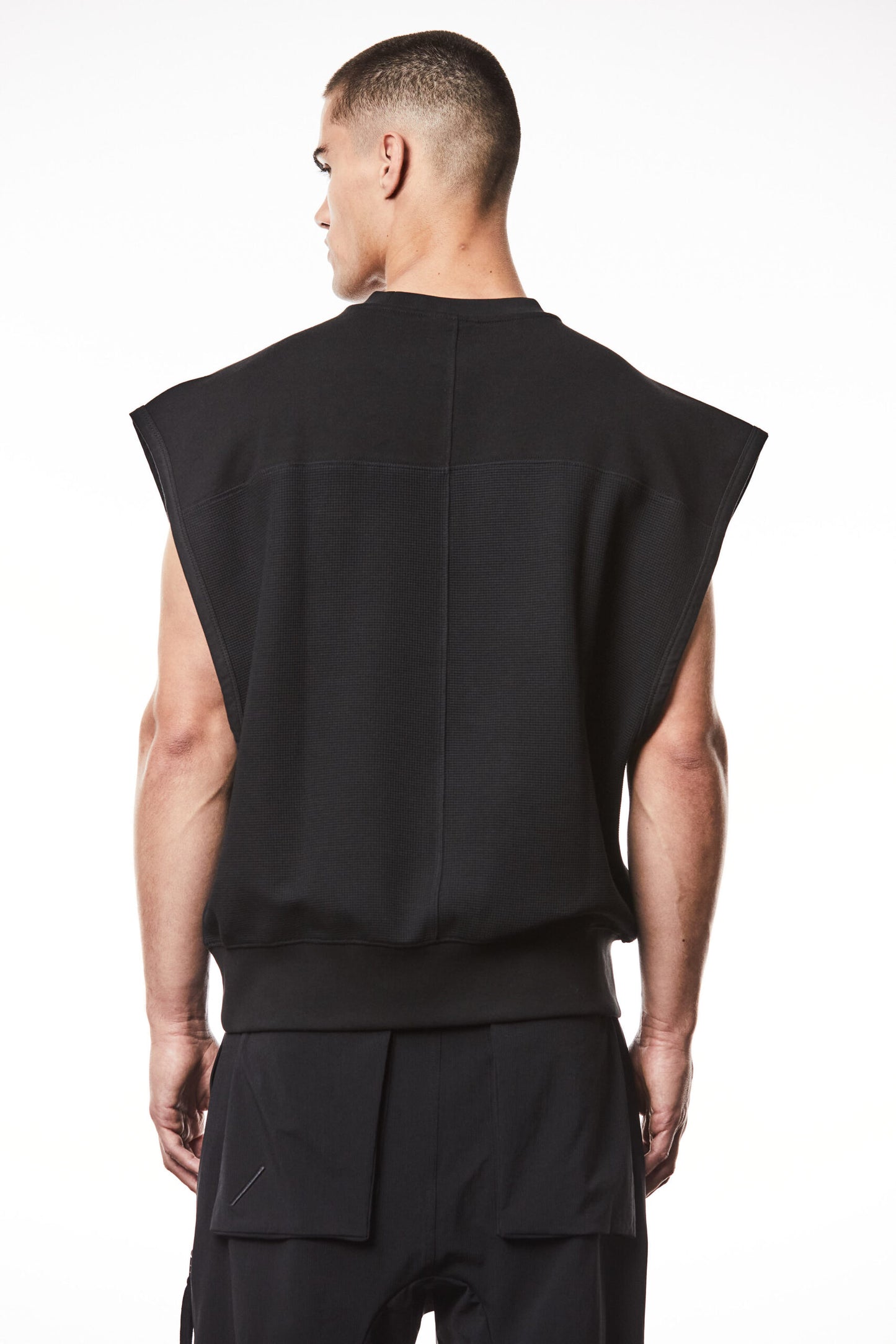 Black Sleeveless Broad Shoulders Structured Jersey T-shirt MTS 864