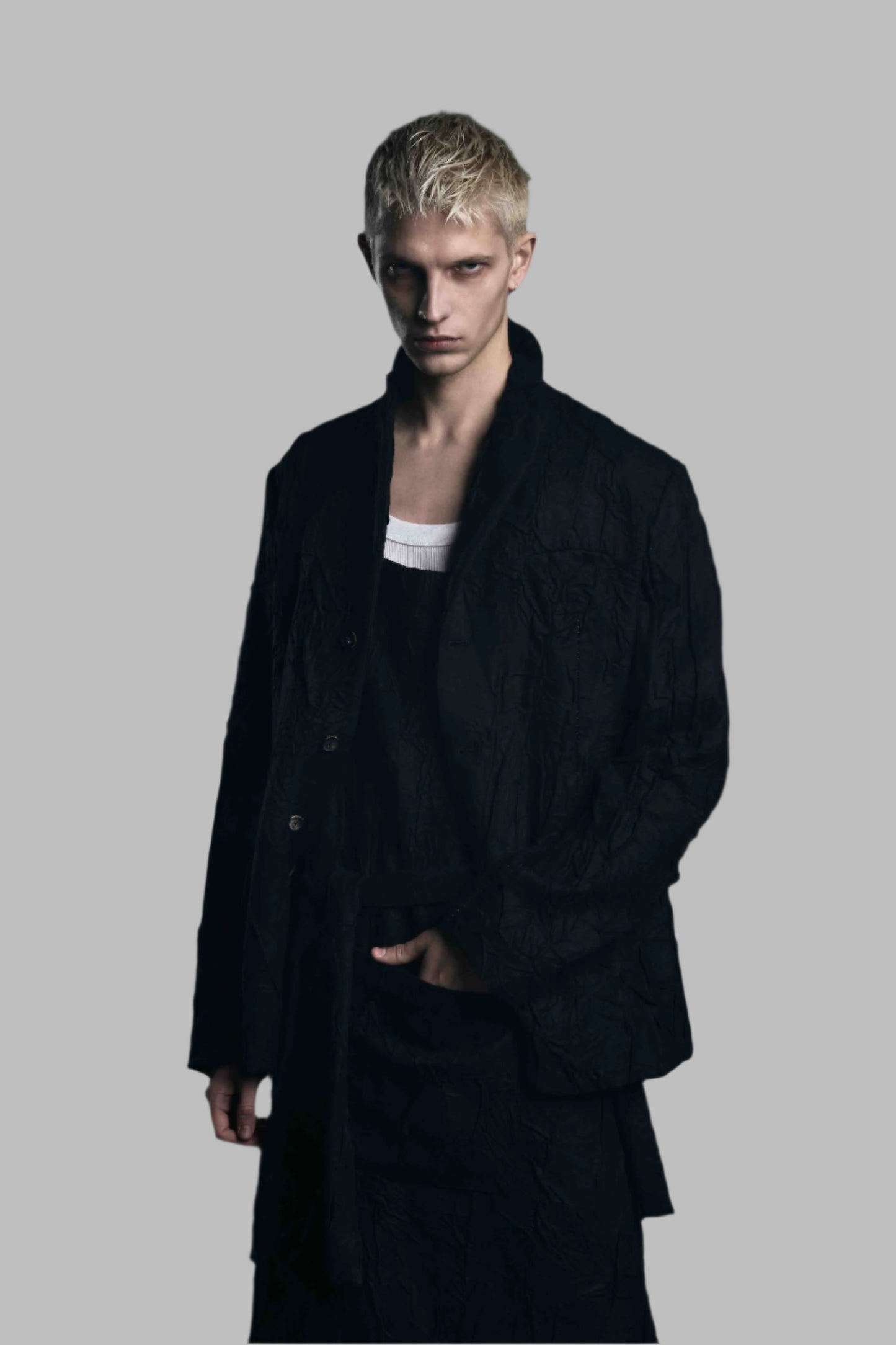 Black 3 Button Crumpled Wool Blazer