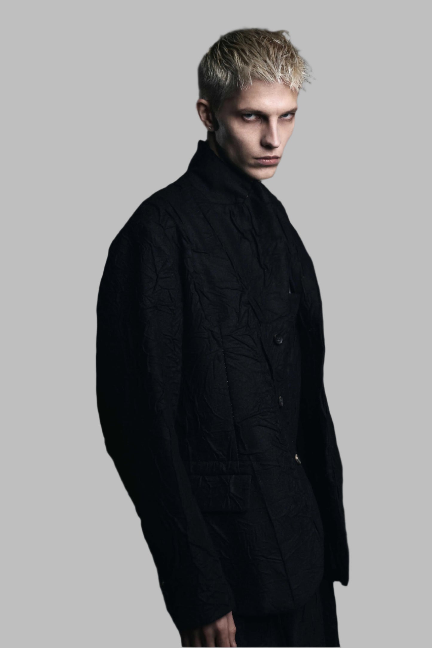 Black 3 Button Crumpled Wool Blazer