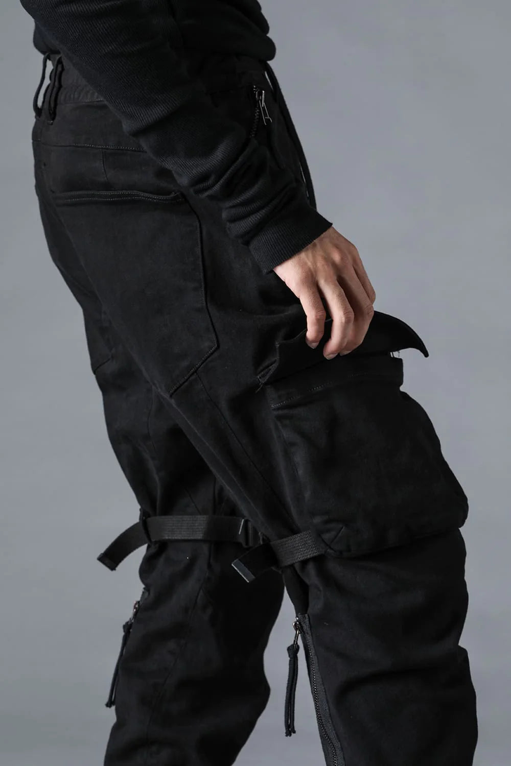 Black Stretch Denim Cargo Cropped Pants
