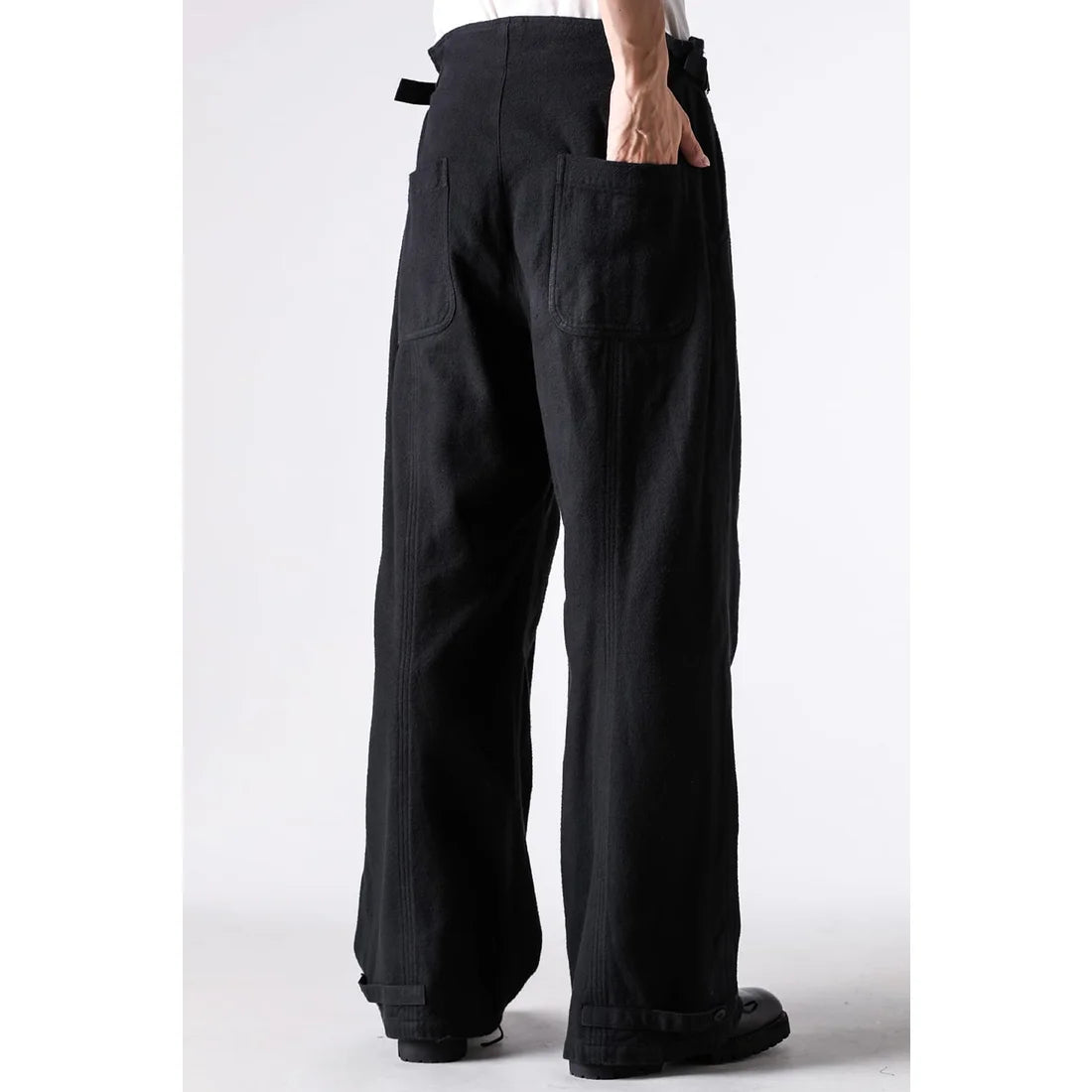 Black Brushed Cotton Twill Wide Leg Trousers