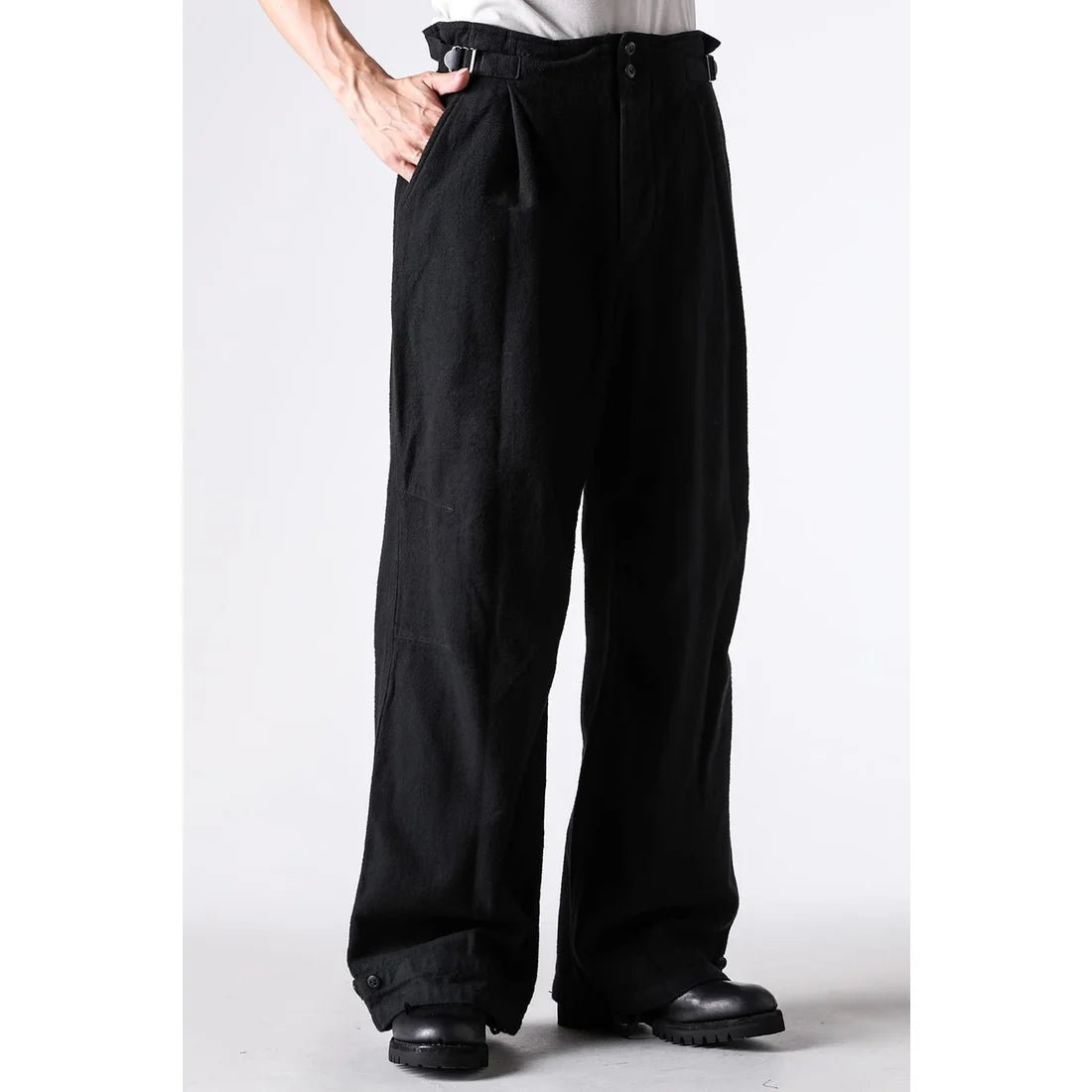 Black Brushed Cotton Twill Wide Leg Trousers