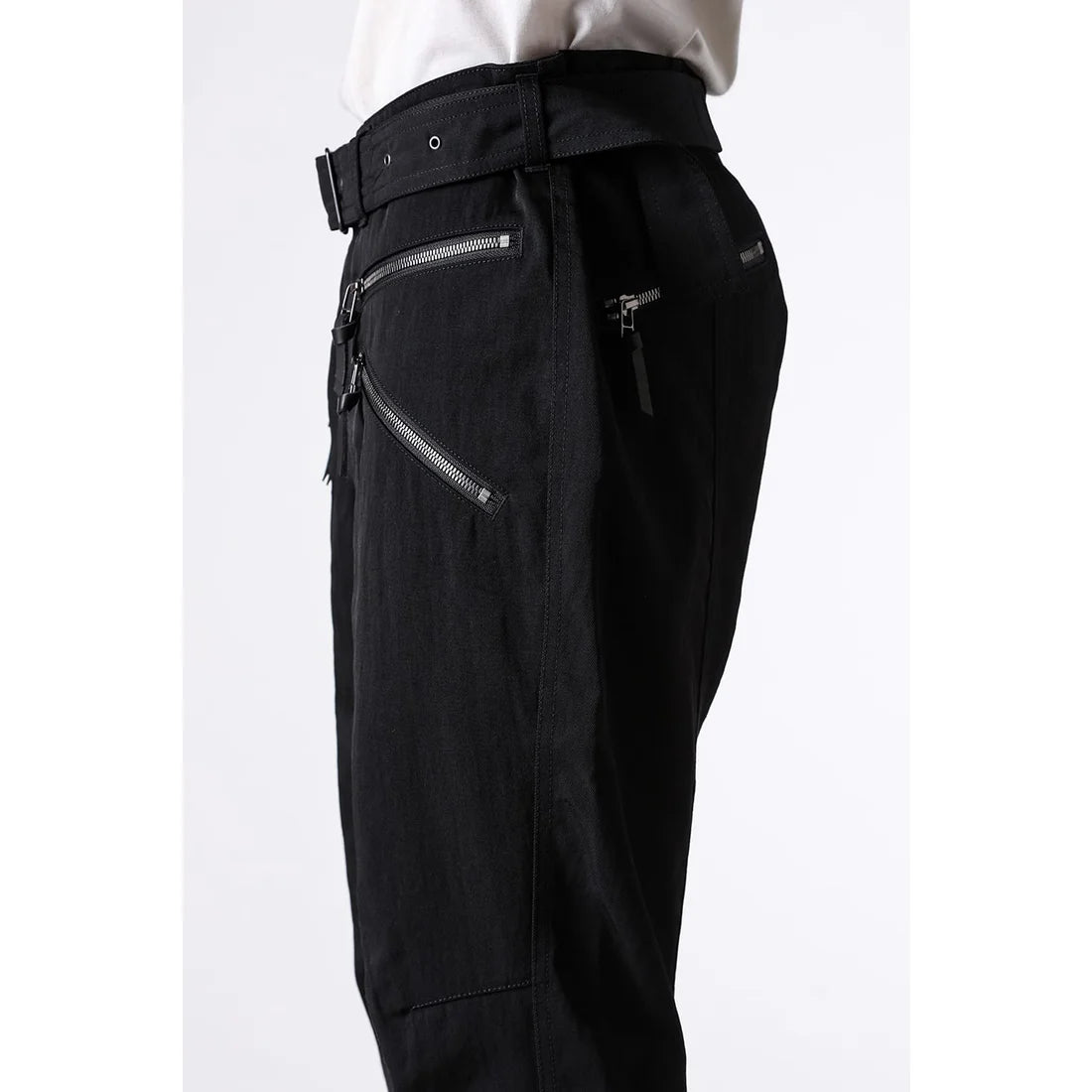 Black Nylon Wool Twill Slim Cropped Zipper Pocket Pants