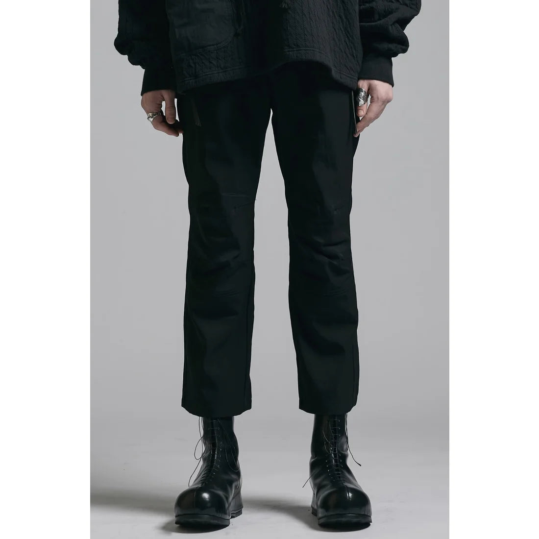 Black Nylon Wool Twill Slim Cropped Zipper Pocket Pants
