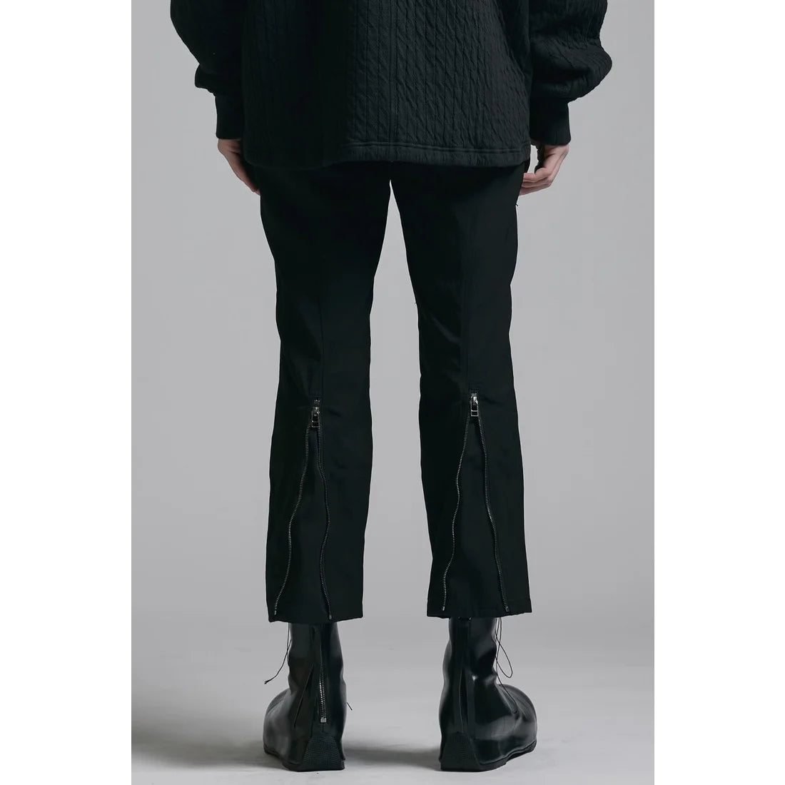 Black Nylon Wool Twill Slim Cropped Zipper Pocket Pants