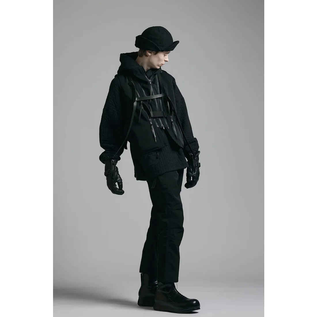 Black Nylon Wool Twill Slim Cropped Zipper Pocket Pants