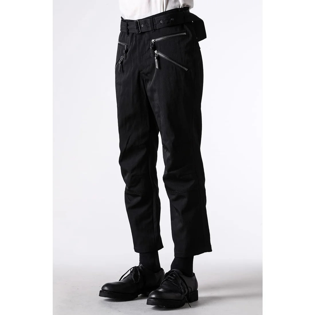 Black Nylon Wool Twill Slim Cropped Zipper Pocket Pants