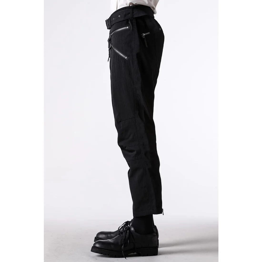 Black Nylon Wool Twill Slim Cropped Zipper Pocket Pants