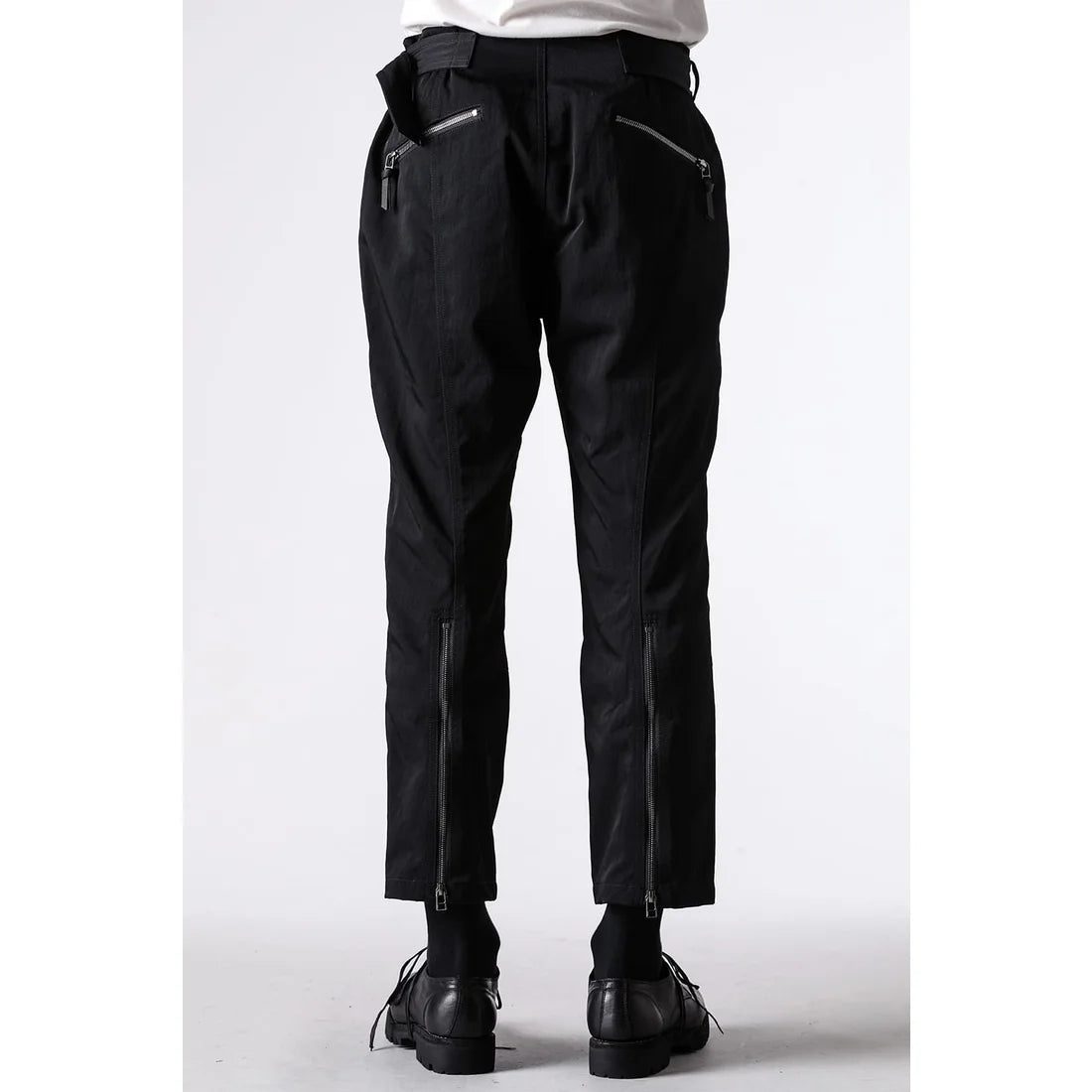Black Nylon Wool Twill Slim Cropped Zipper Pocket Pants