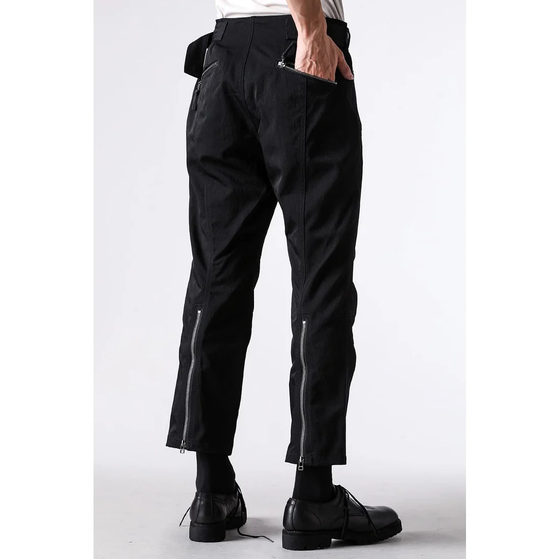 Black Nylon Wool Twill Slim Cropped Zipper Pocket Pants