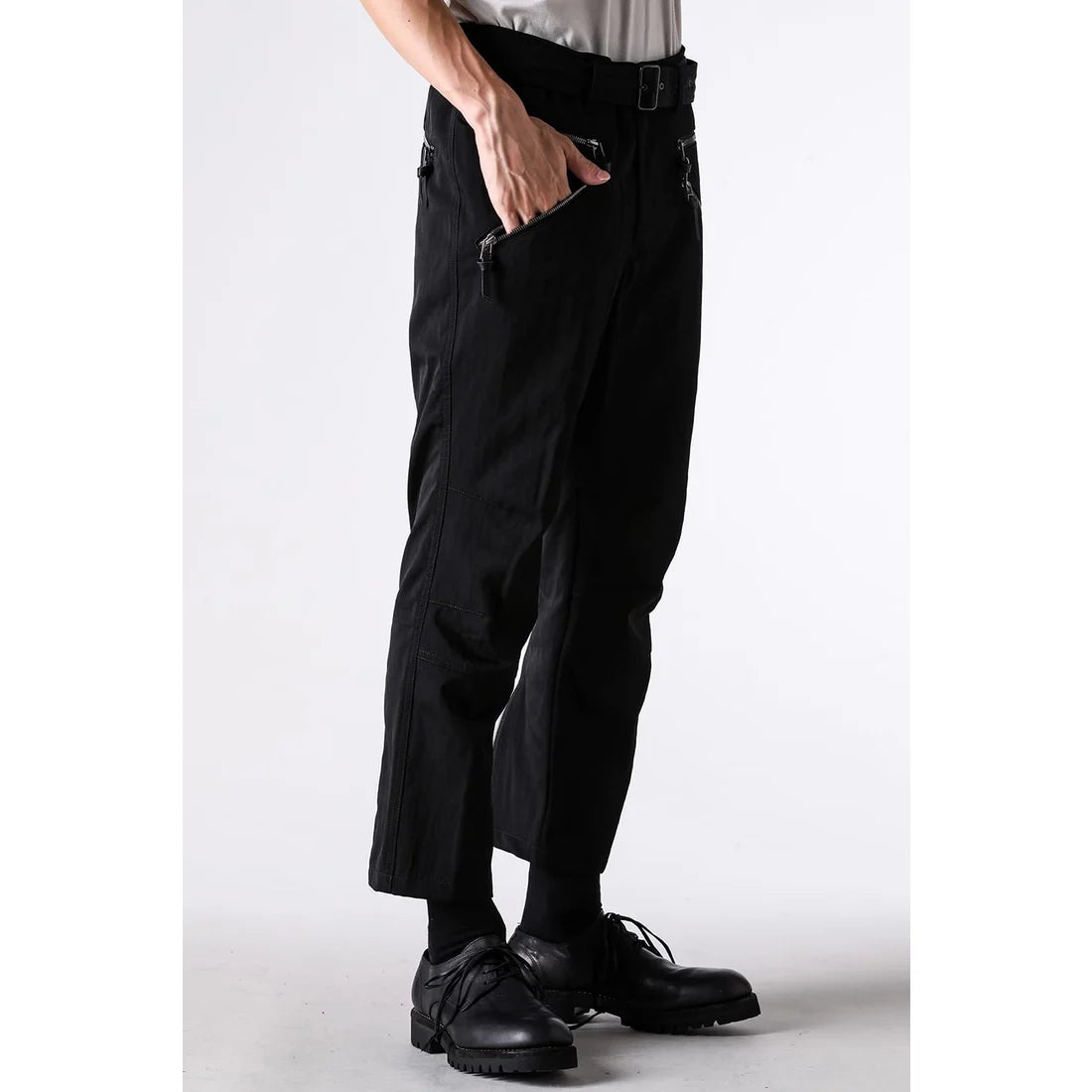 Black Nylon Wool Twill Slim Cropped Zipper Pocket Pants