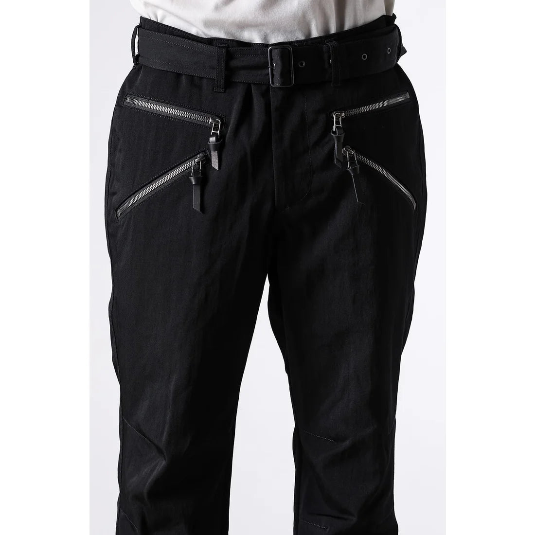 Black Nylon Wool Twill Slim Cropped Zipper Pocket Pants