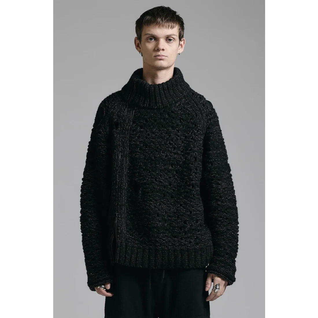 Black Brown Mix Mesh Cotton Wool Zip-Up Sweater