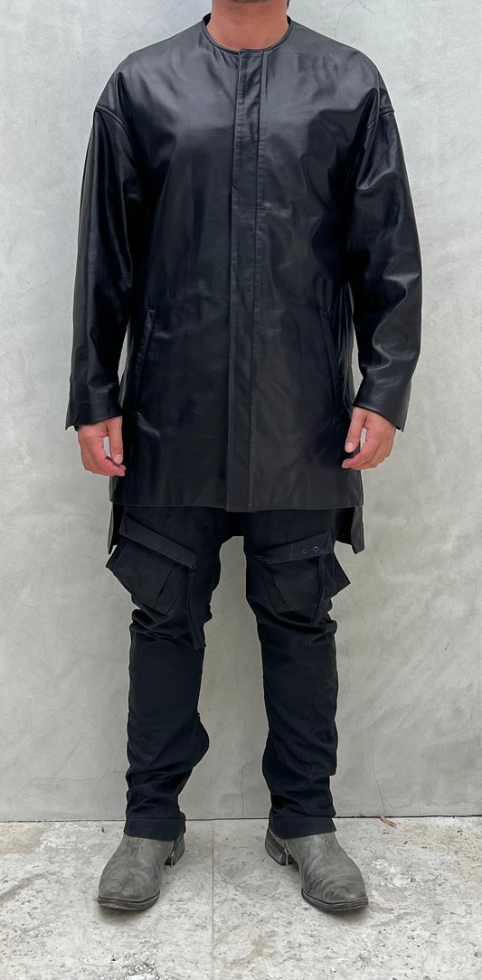 Black Japanese Steer Leather Collarless Car Coat