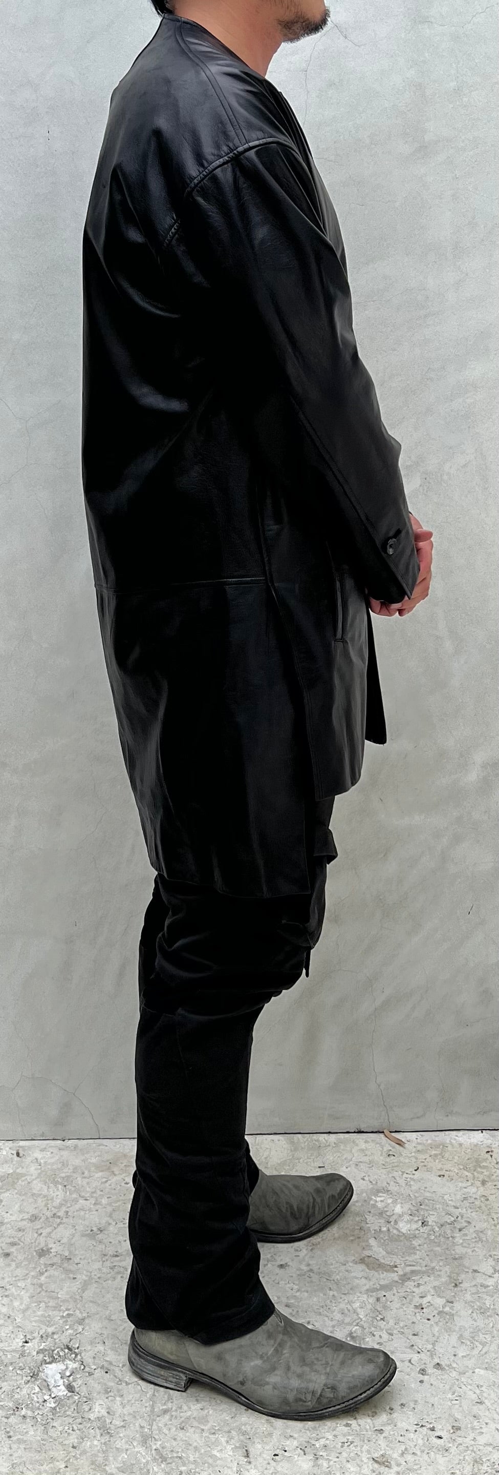 Black Japanese Steer Leather Collarless Car Coat
