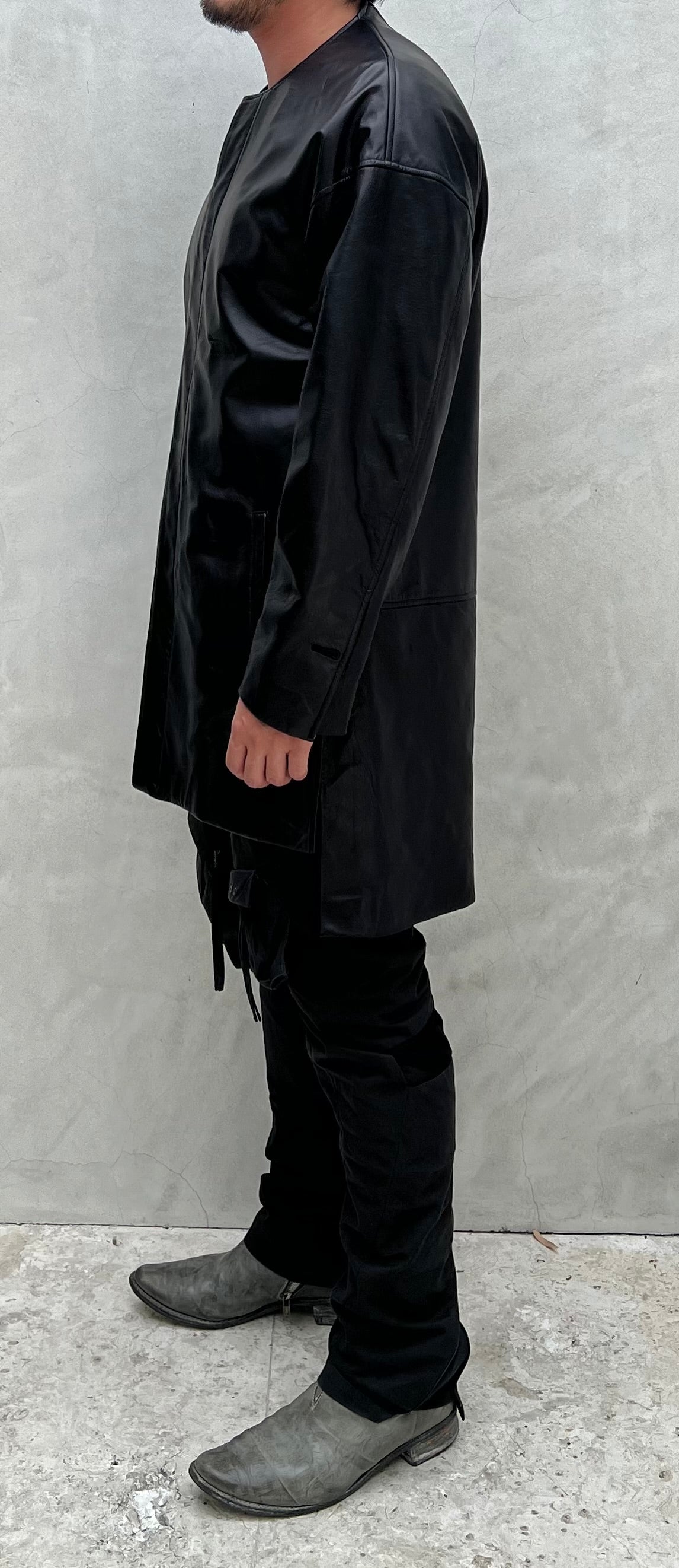 Black Japanese Steer Leather Collarless Car Coat