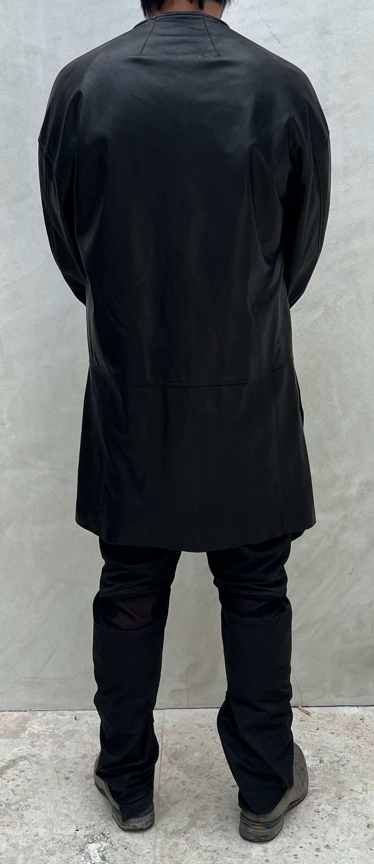 Black Japanese Steer Leather Collarless Car Coat