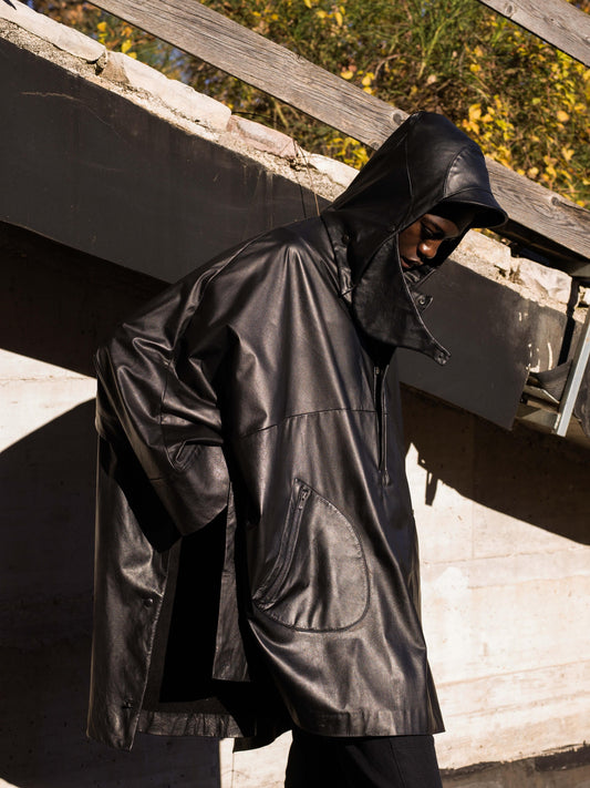Black Luster Soft Steer Leather Hooded Smock Poncho