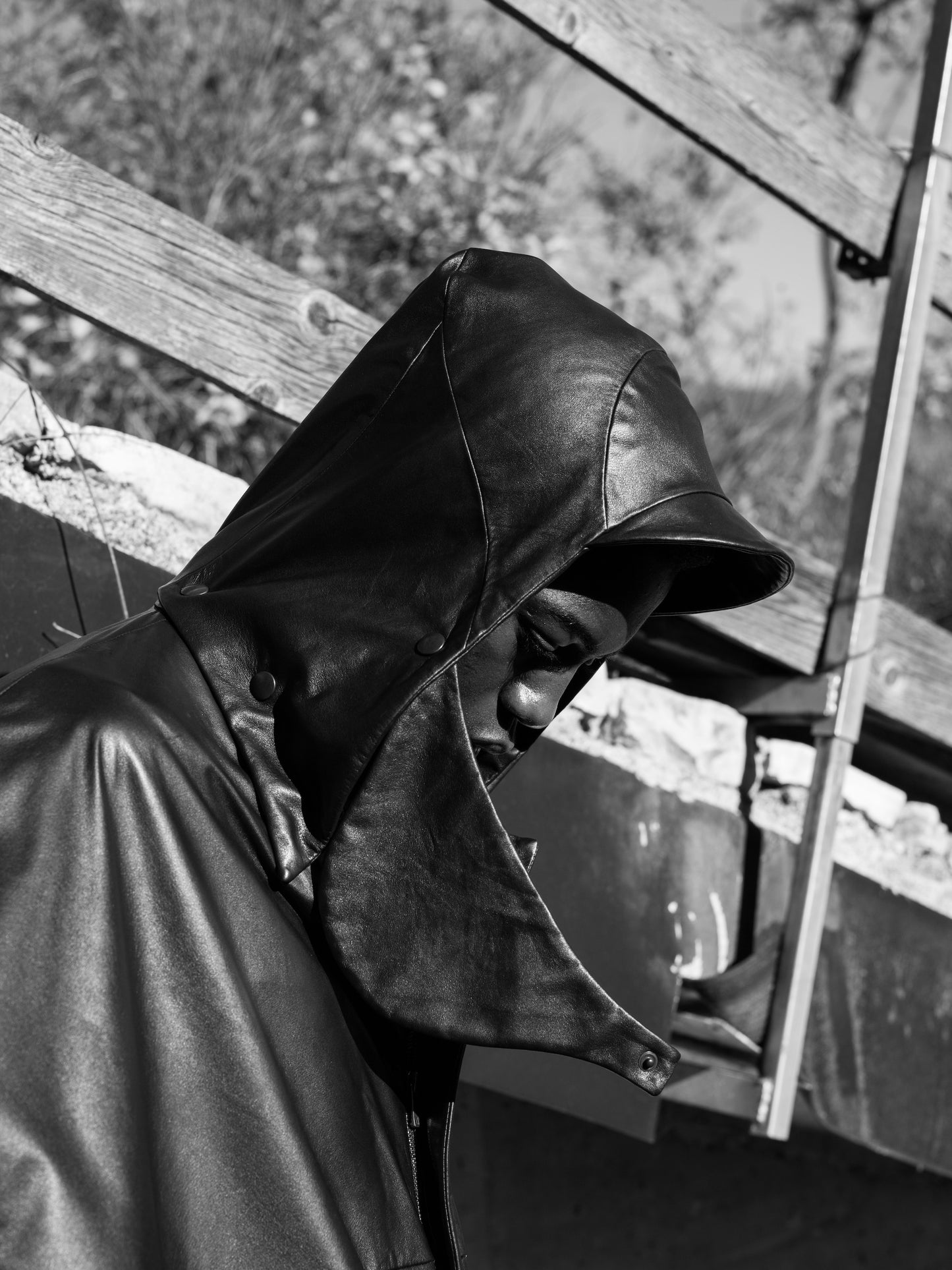 Black Luster Soft Steer Leather Hooded Smock Poncho
