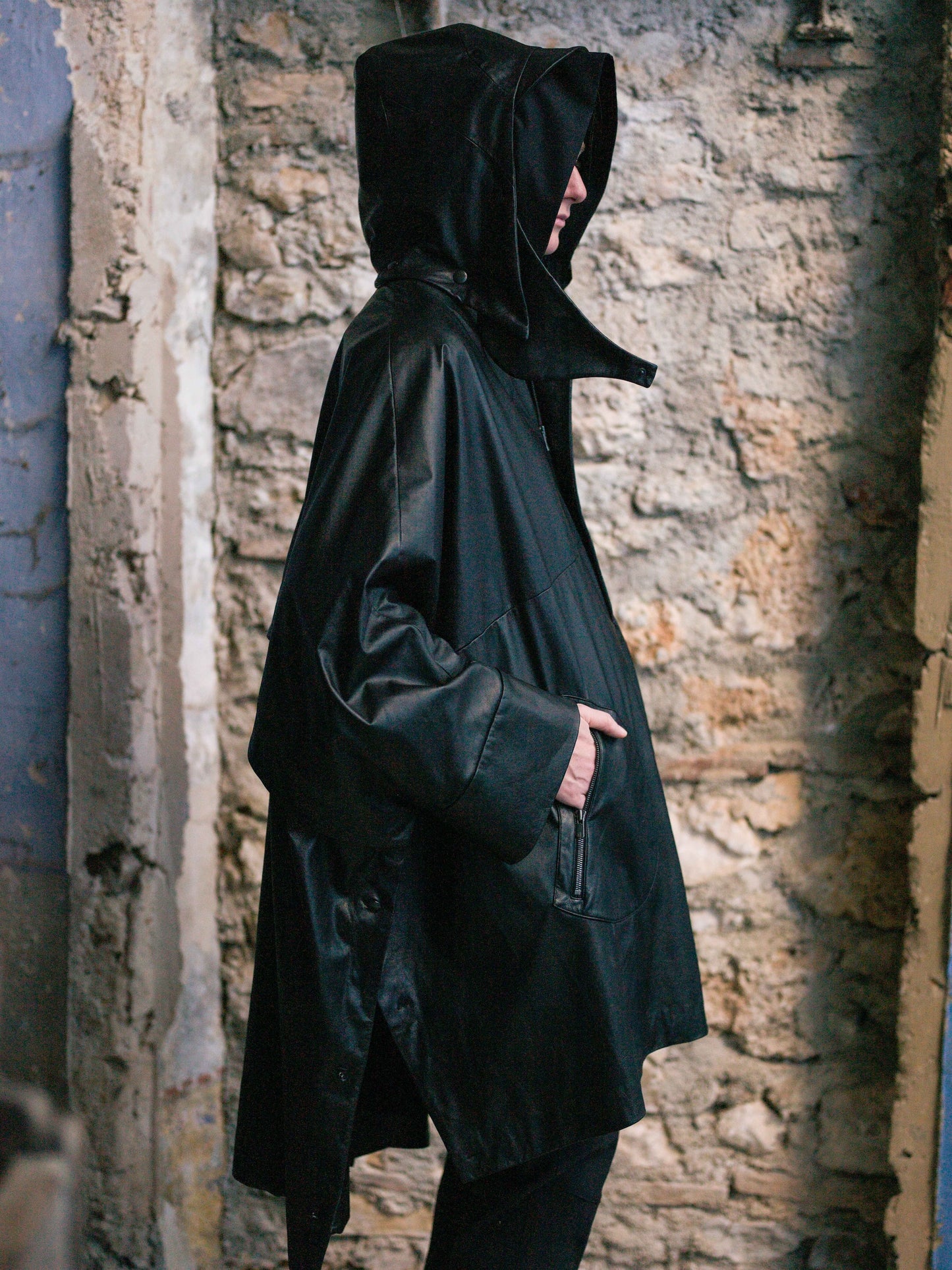 Black Luster Soft Steer Leather Hooded Smock Poncho