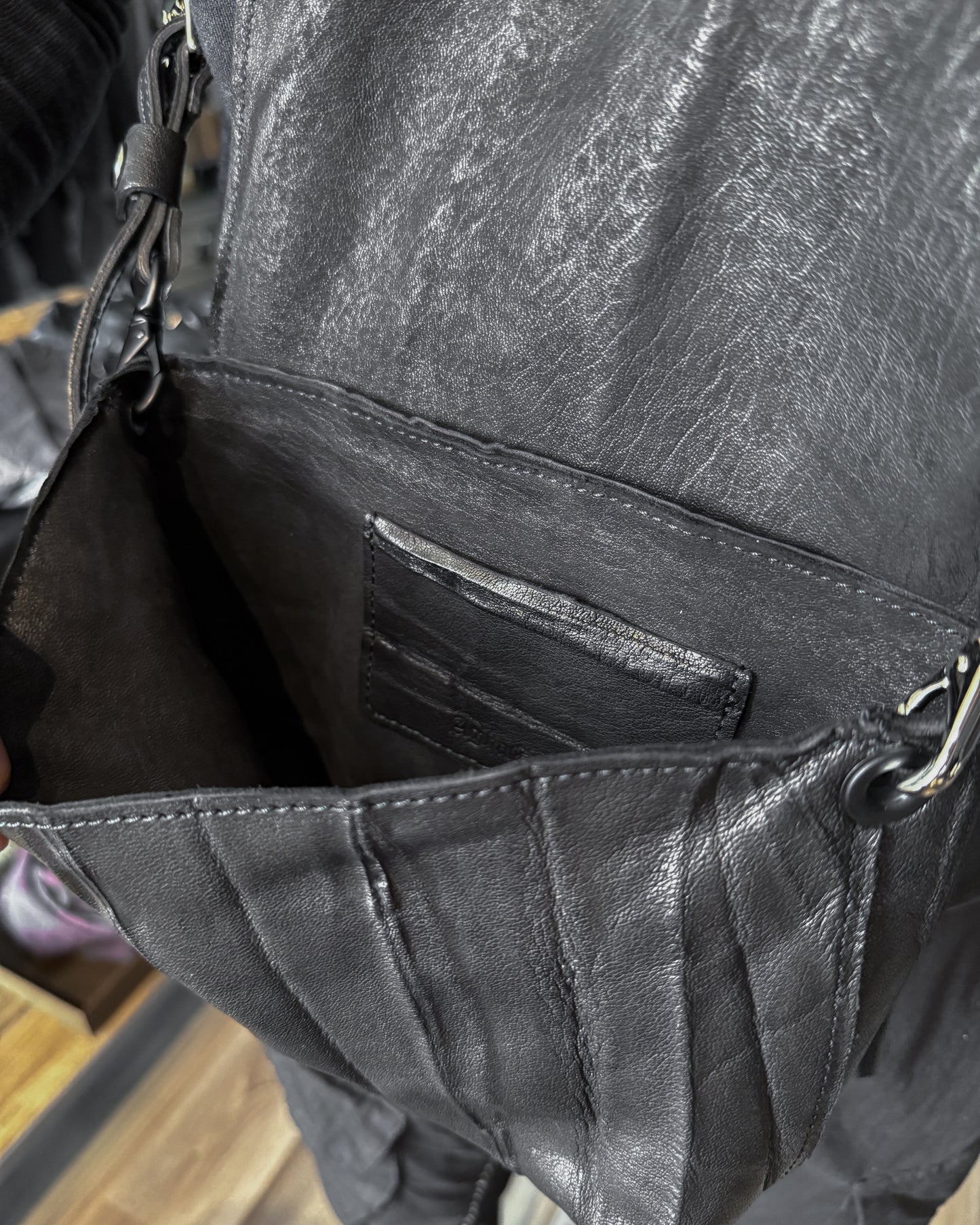 Black Creased Lamb Leather Mini Messenger Bag
