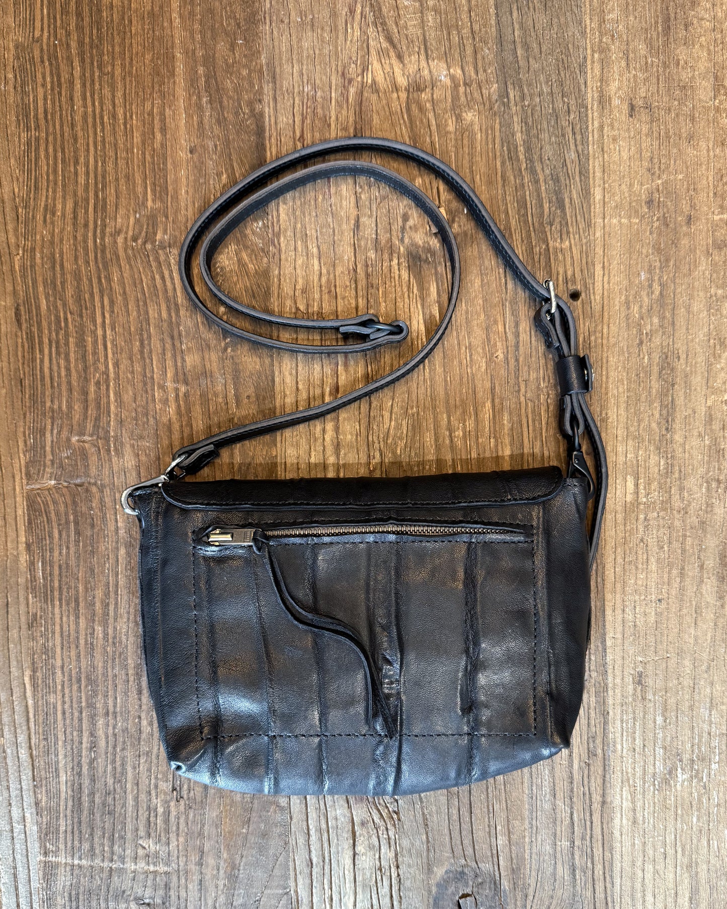 Black Creased Lamb Leather Mini Messenger Bag